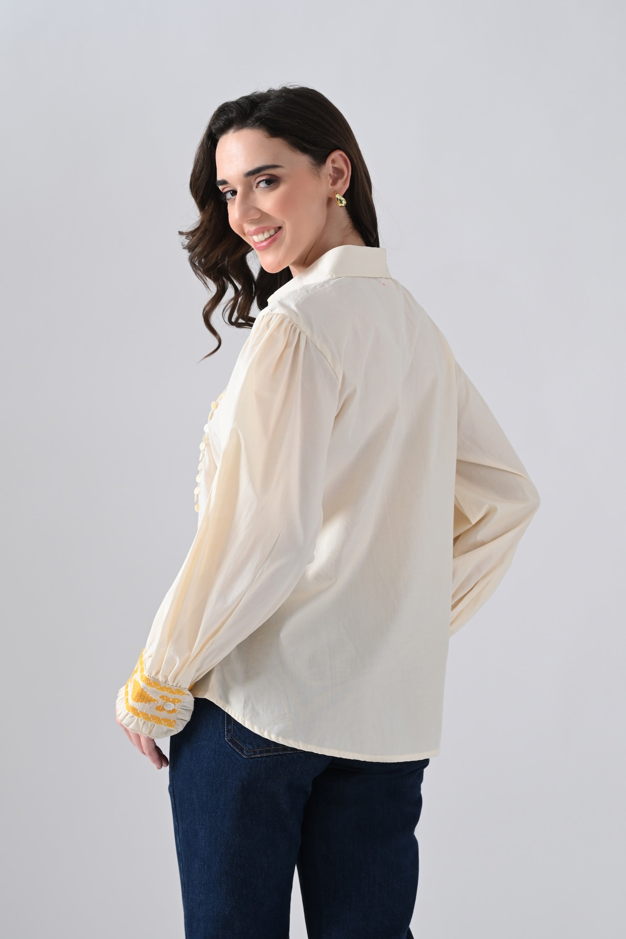 Cream Cotton Shirt with Yellow Patchwork and Lace Detailing
