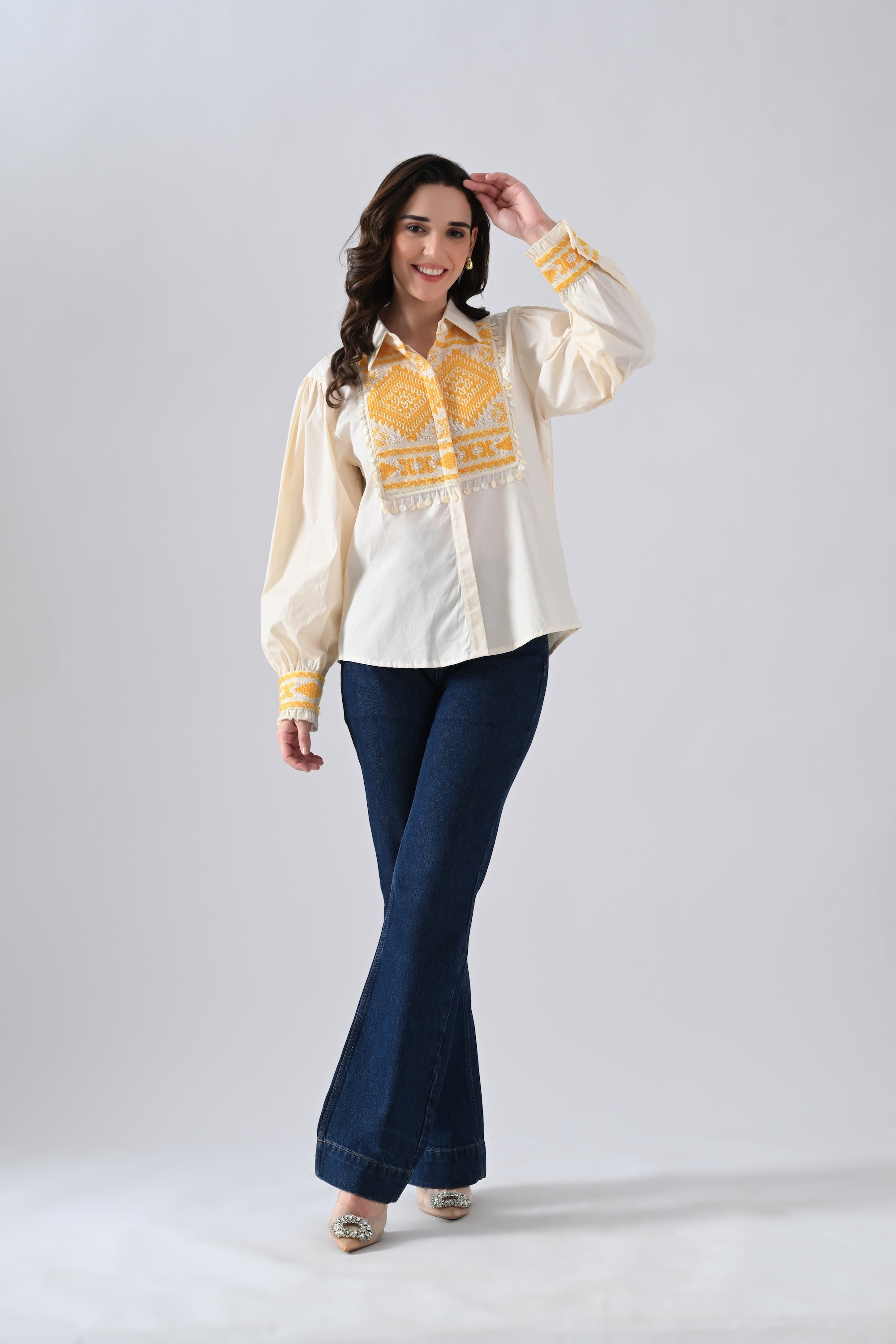 Cream Cotton Shirt with Yellow Patchwork and Lace Detailing