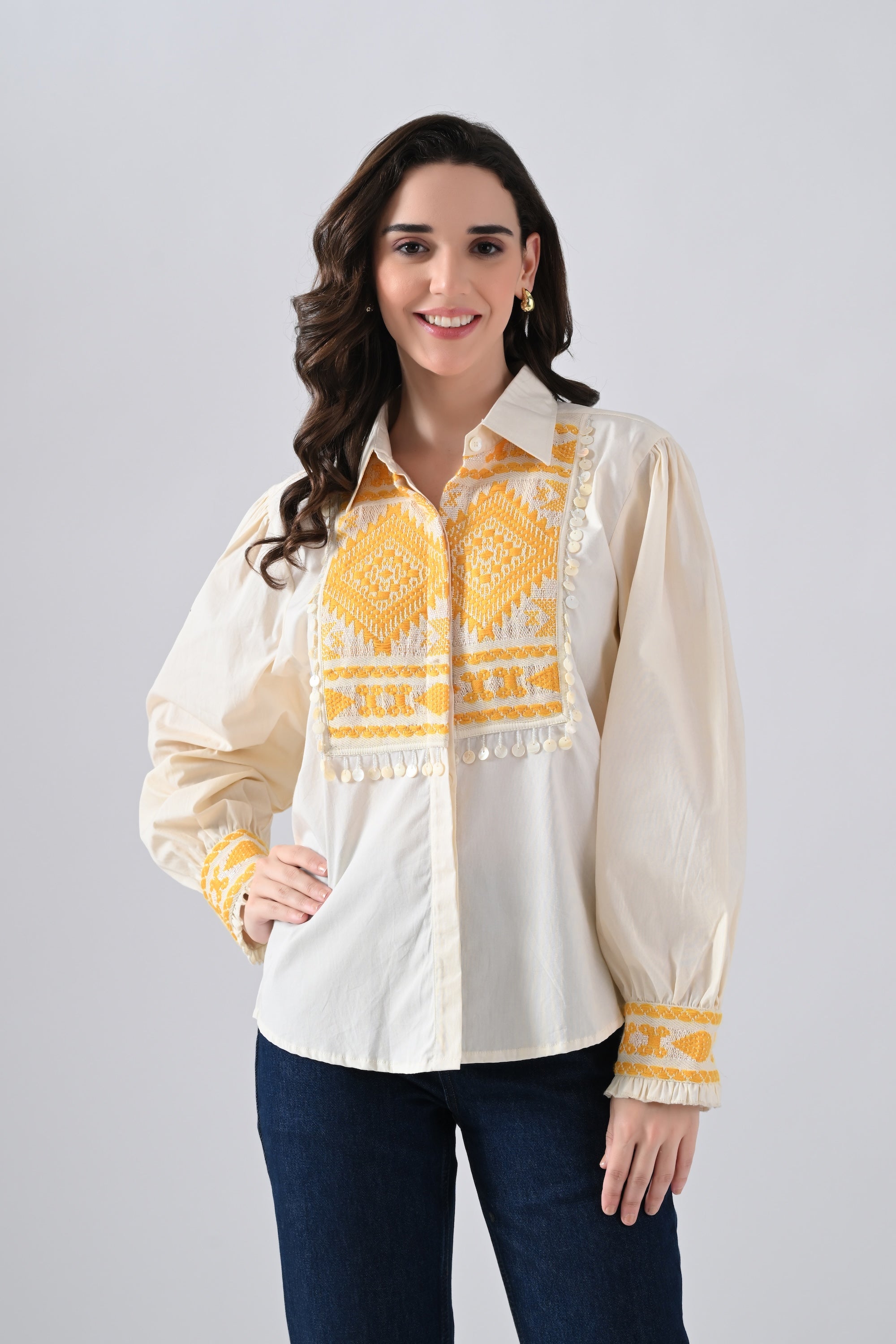 Cream Cotton Shirt with Yellow Patchwork and Lace Detailing