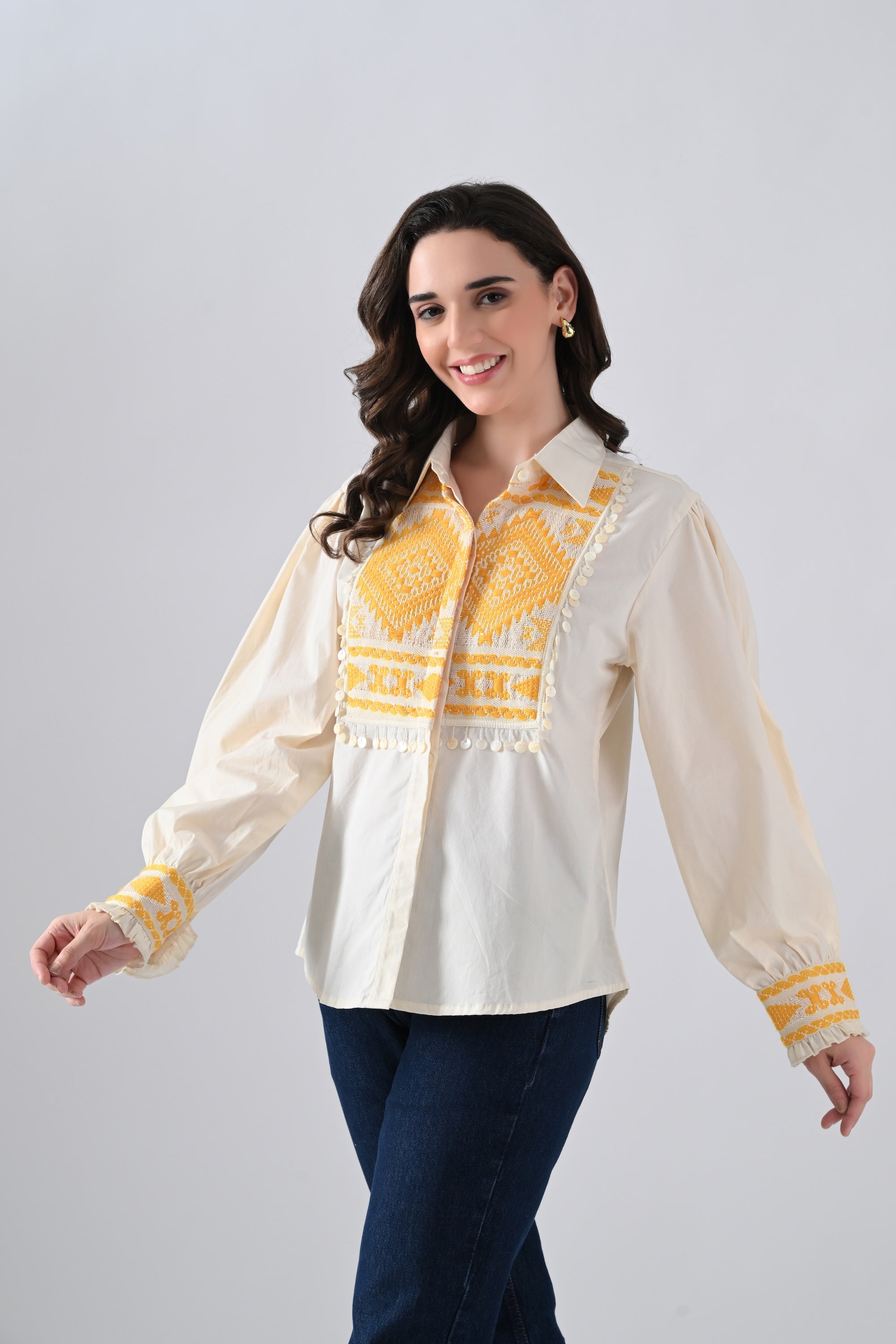 Cream Cotton Shirt with Yellow Patchwork and Lace Detailing