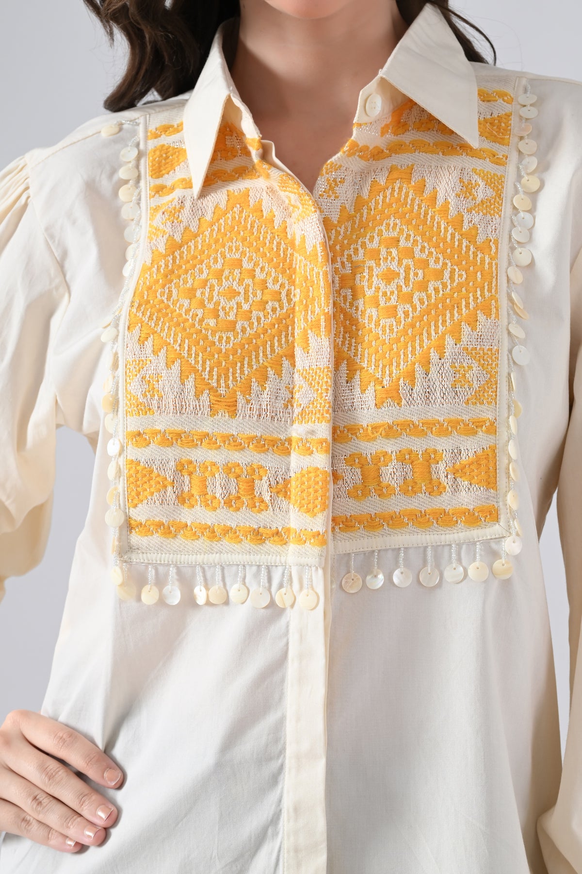 Cream Cotton Shirt with Yellow Patchwork and Lace Detailing