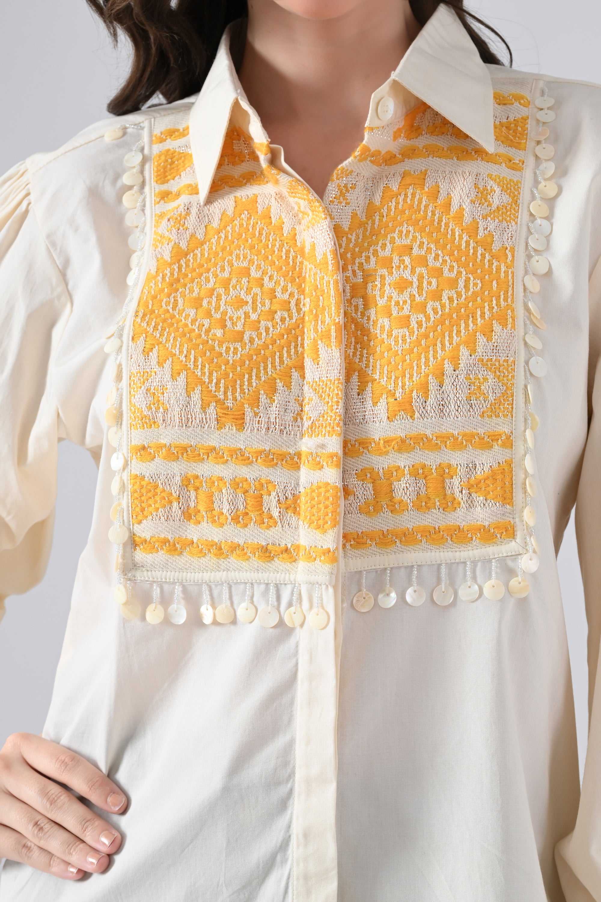 Cream Cotton Shirt with Yellow Patchwork and Lace Detailing