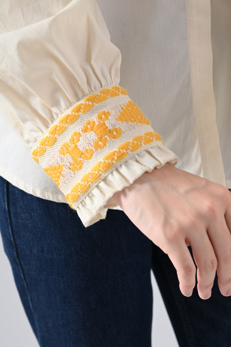 Cream Cotton Shirt with Yellow Patchwork and Lace Detailing