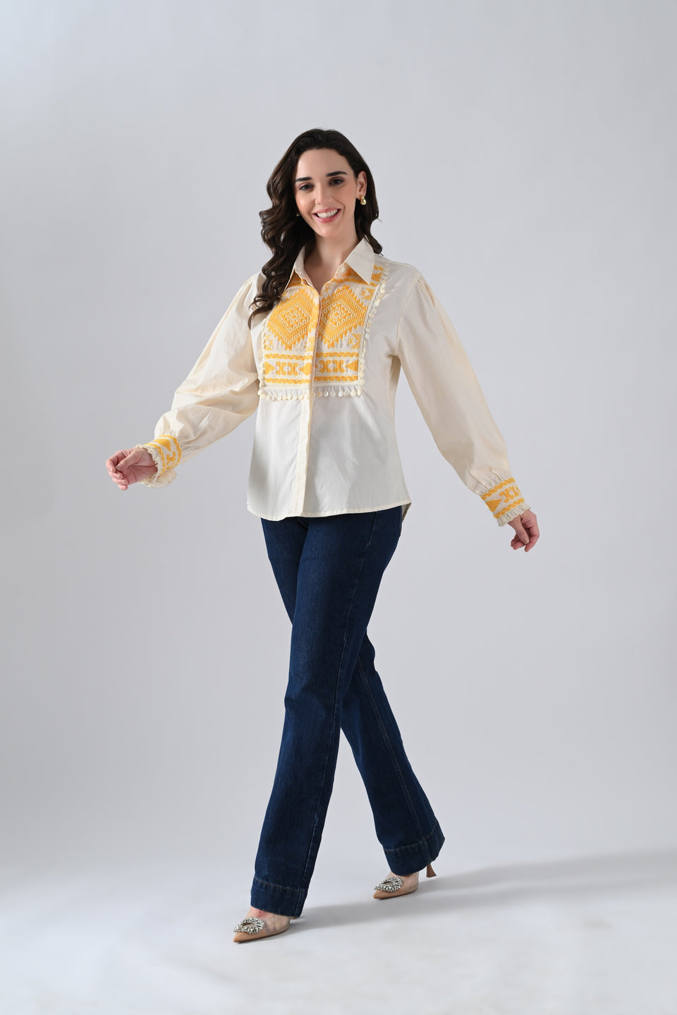 Cream Cotton Shirt with Yellow Patchwork and Lace Detailing