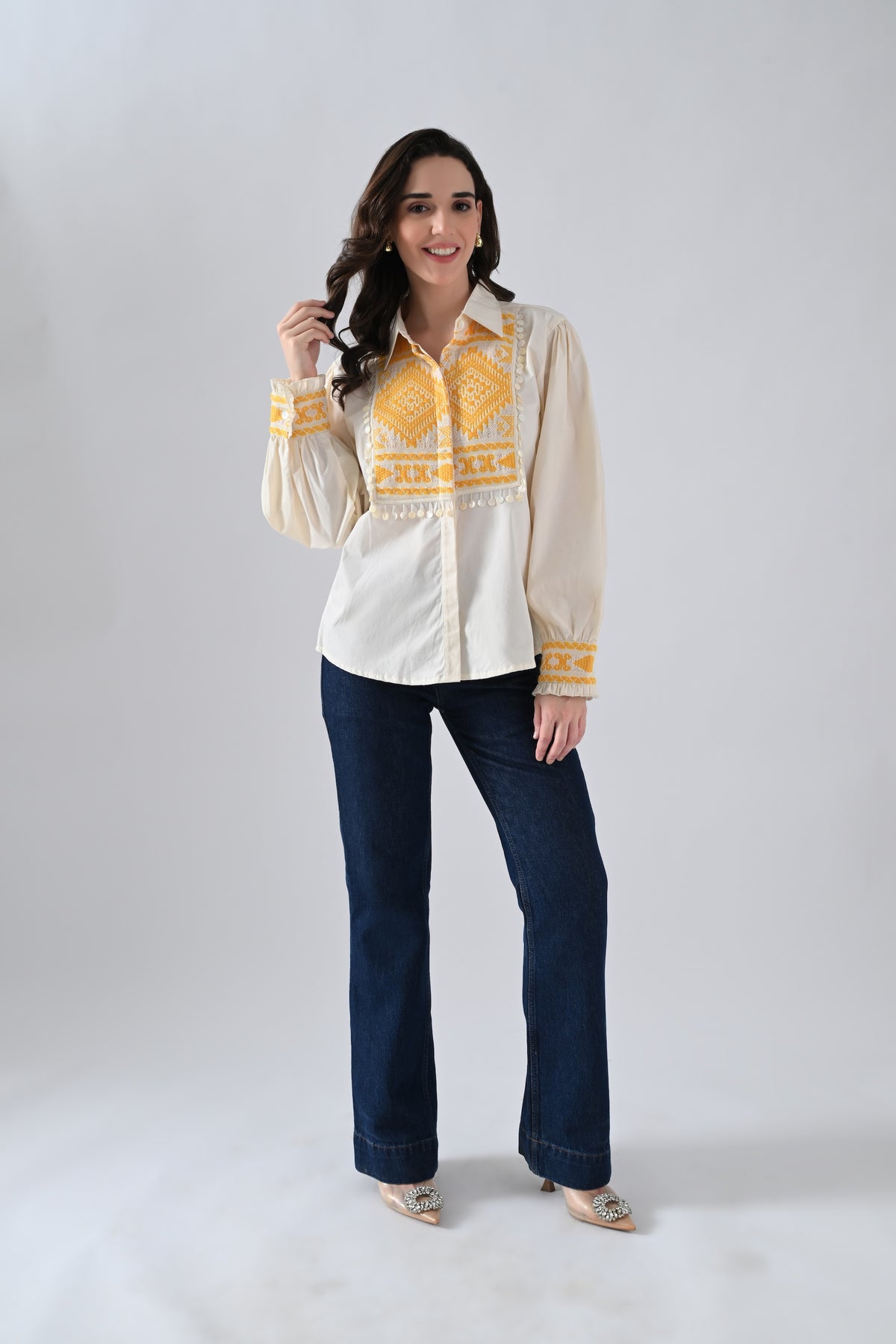 Cream Cotton Shirt with Yellow Patchwork and Lace Detailing