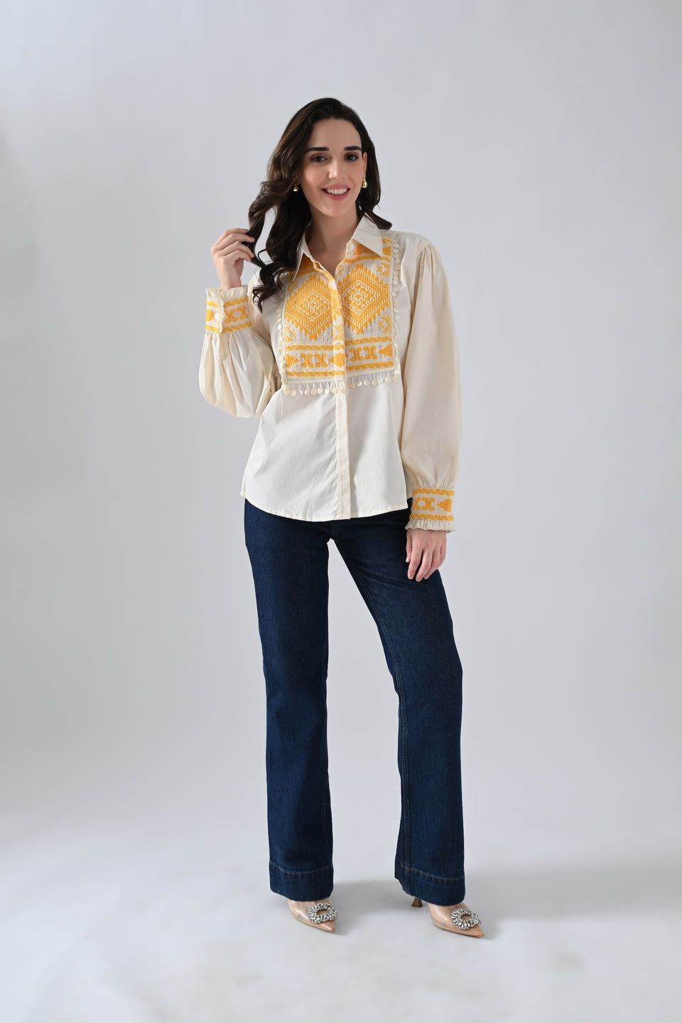 Cream Cotton Shirt with Yellow Patchwork and Lace Detailing