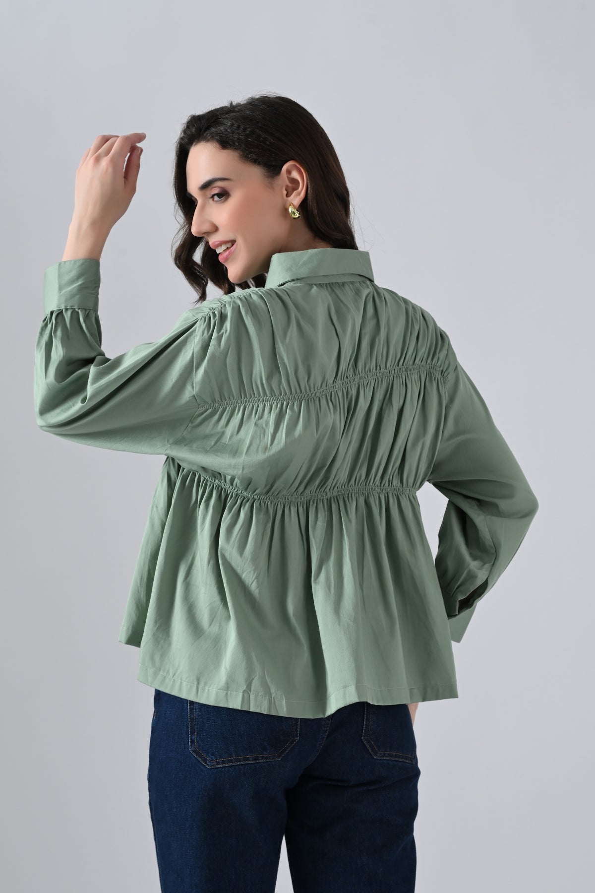 Green Cotton Shirt with Gathers