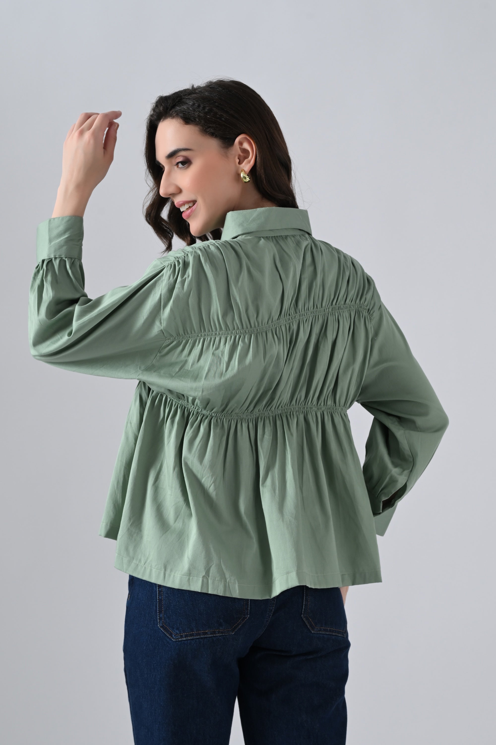 Green Cotton Shirt with Gathers