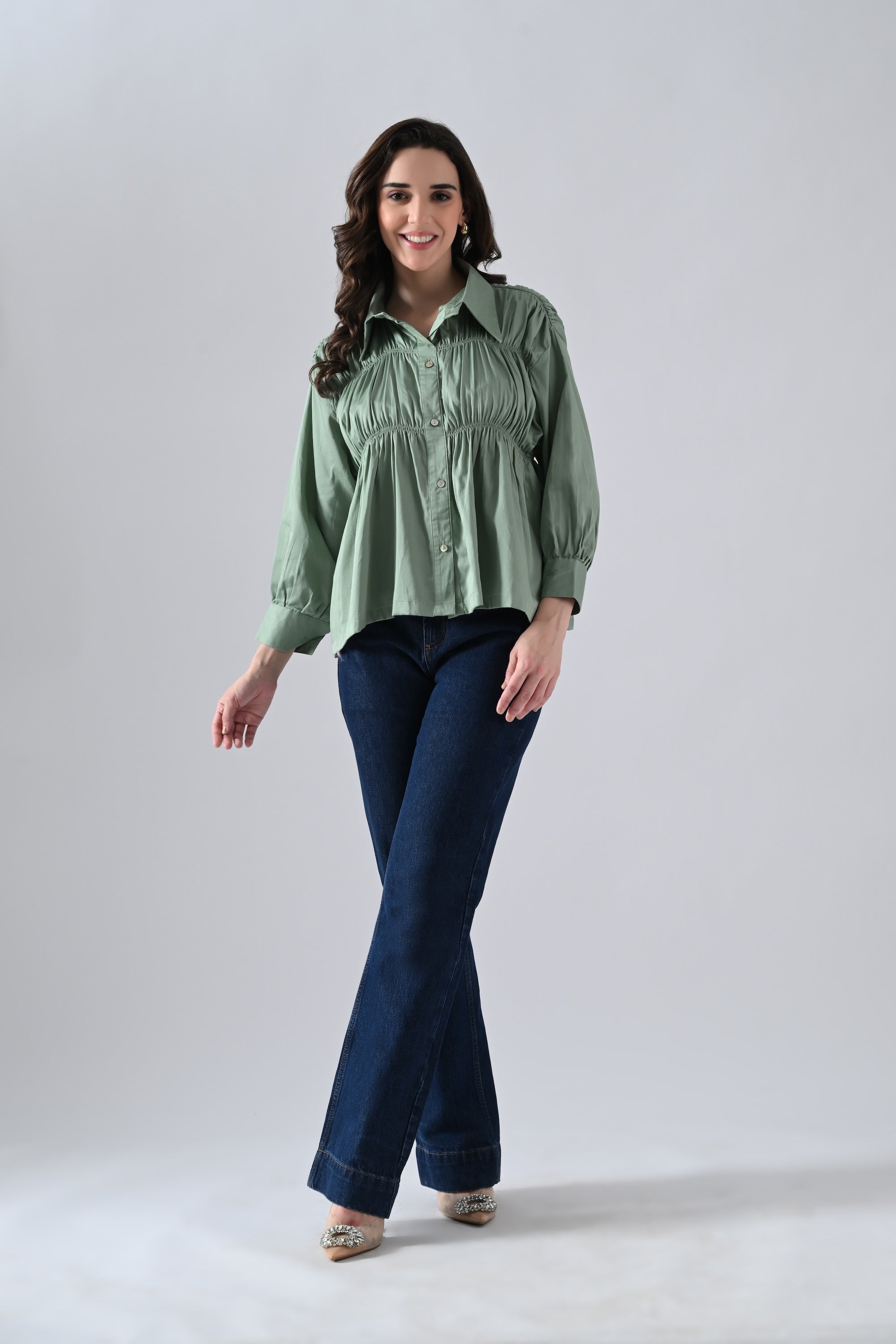 Green Cotton Shirt with Gathers