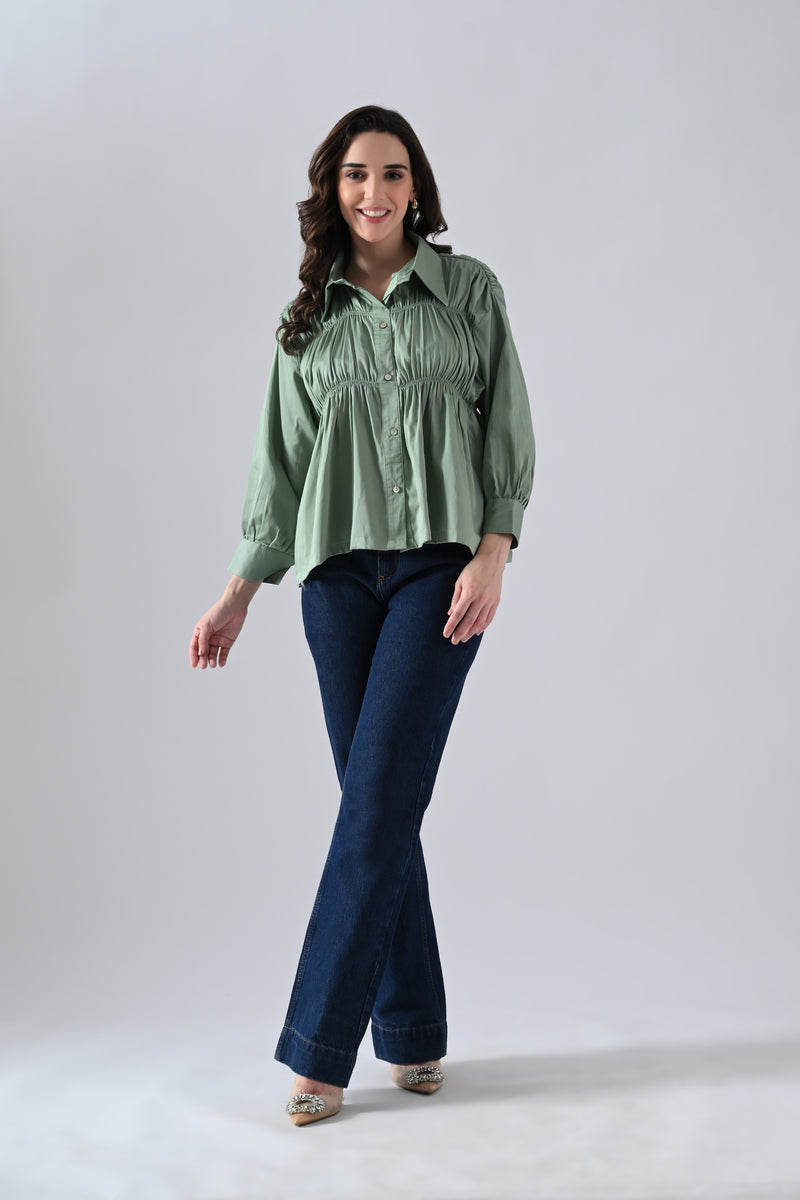 Green Cotton Shirt with Gathers