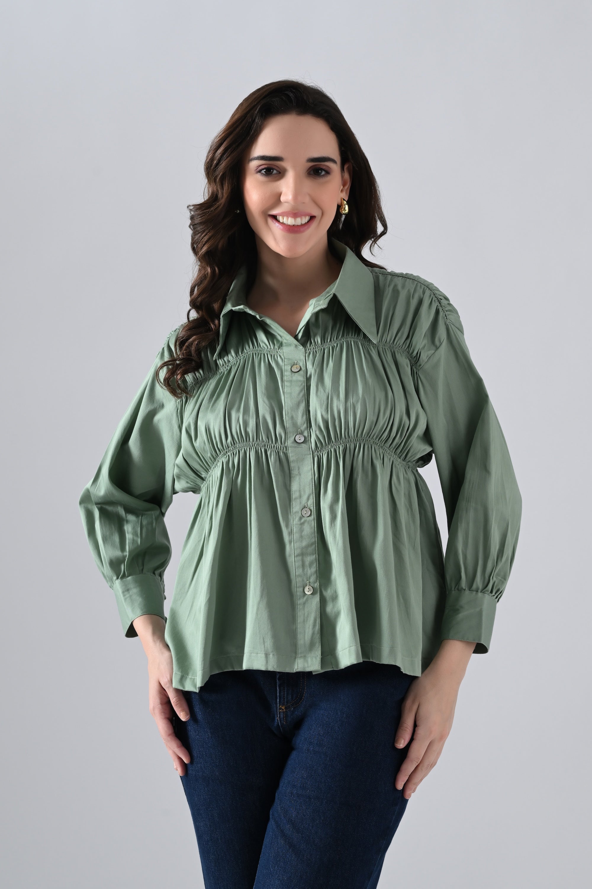 Green Cotton Shirt with Gathers