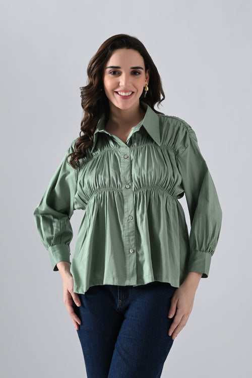 Green Cotton Shirt with Gathers