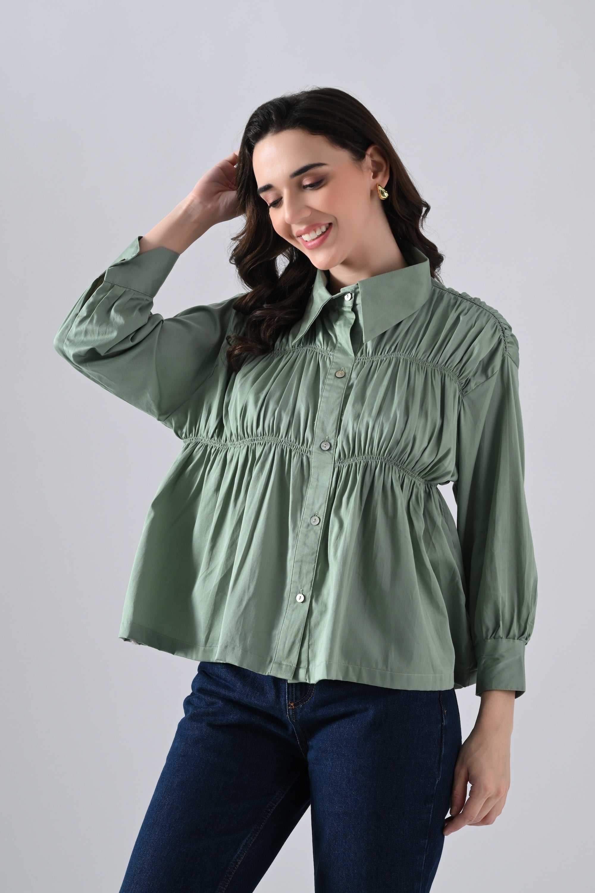 Green Cotton Shirt with Gathers