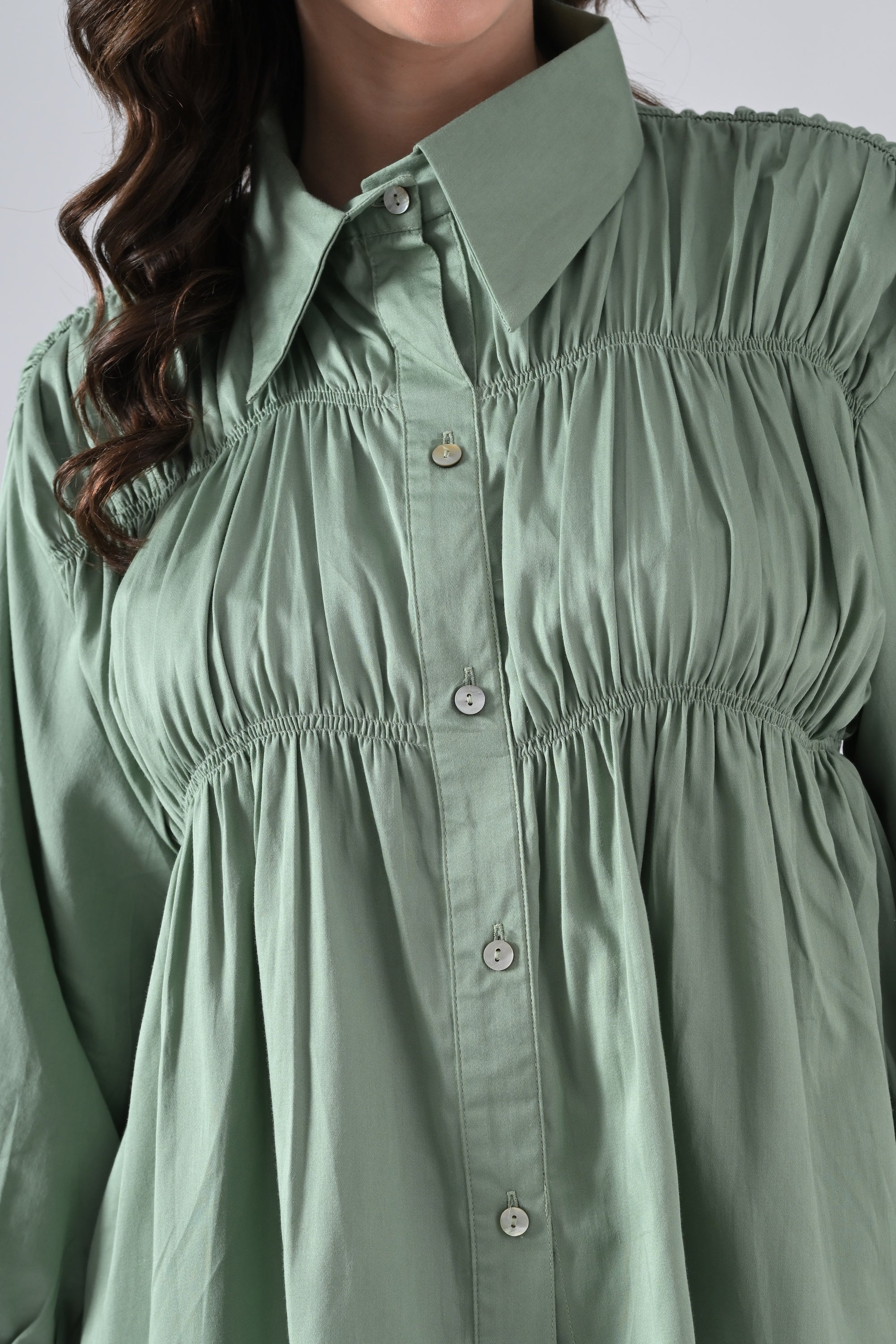 Green Cotton Shirt with Gathers