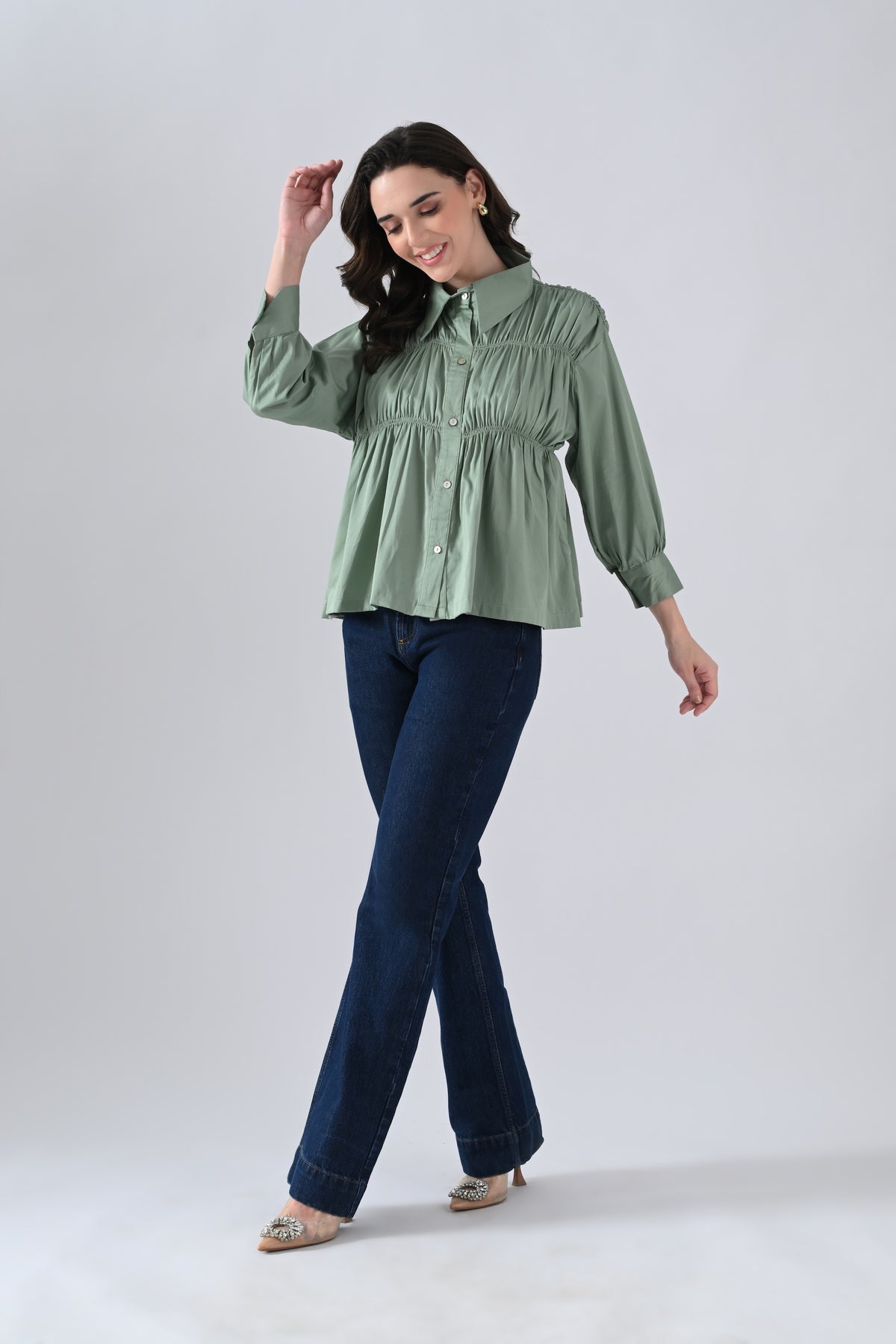 Green Cotton Shirt with Gathers