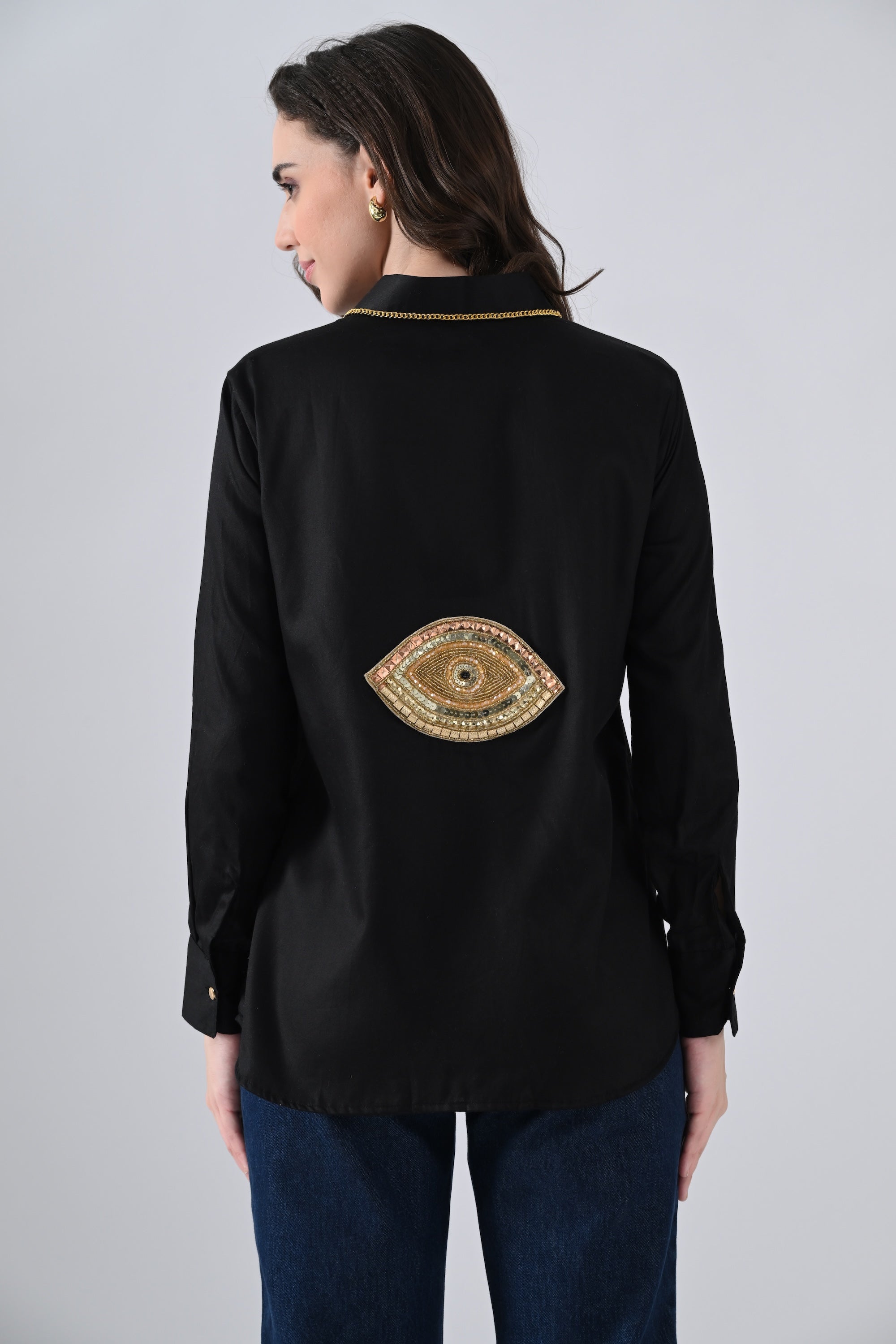 Black Cotton Shirt with Evil Eye Patch and Gold Chain on Collar