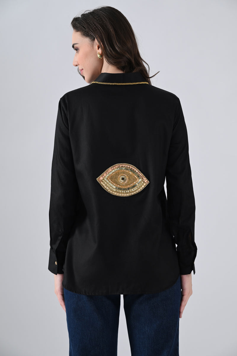 Black Cotton Shirt with Evil Eye Patch and Gold Chain on Collar