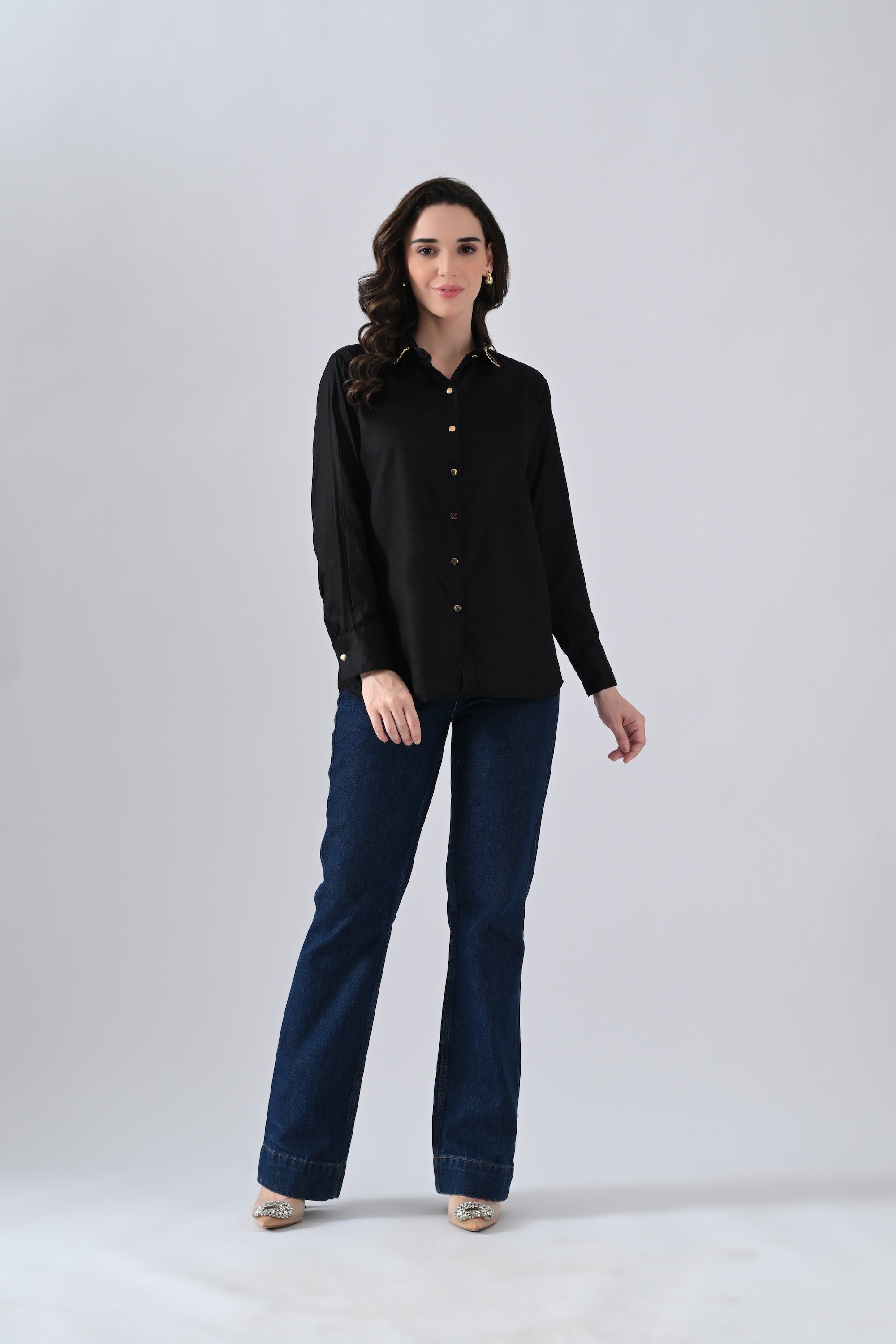 Black Cotton Shirt with Evil Eye Patch and Gold Chain on Collar