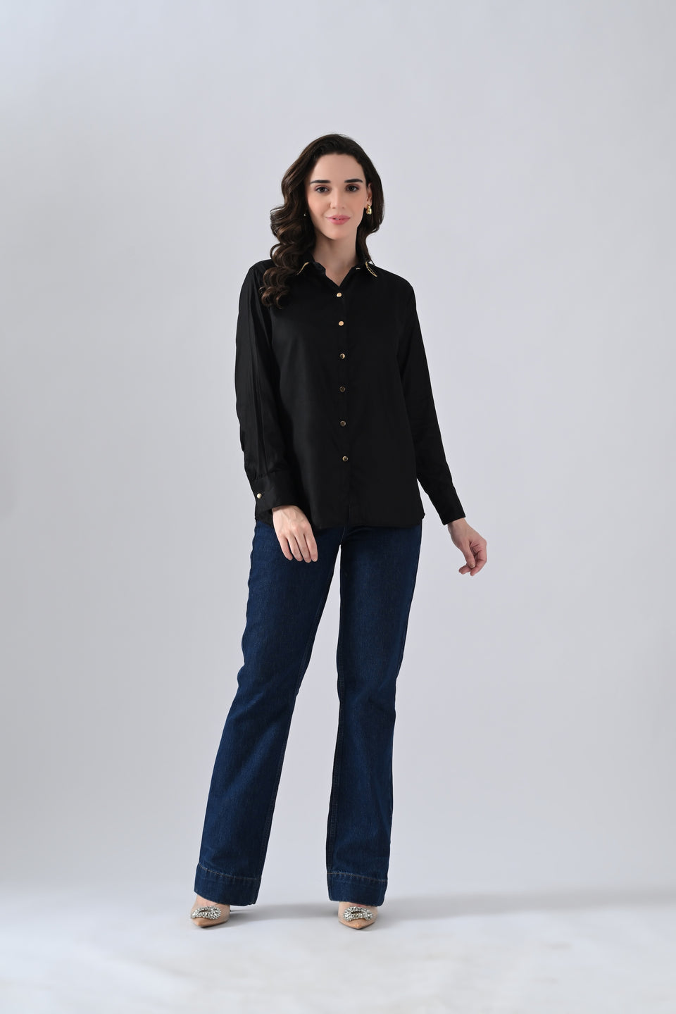 Black Cotton Shirt with Evil Eye Patch and Gold Chain on Collar