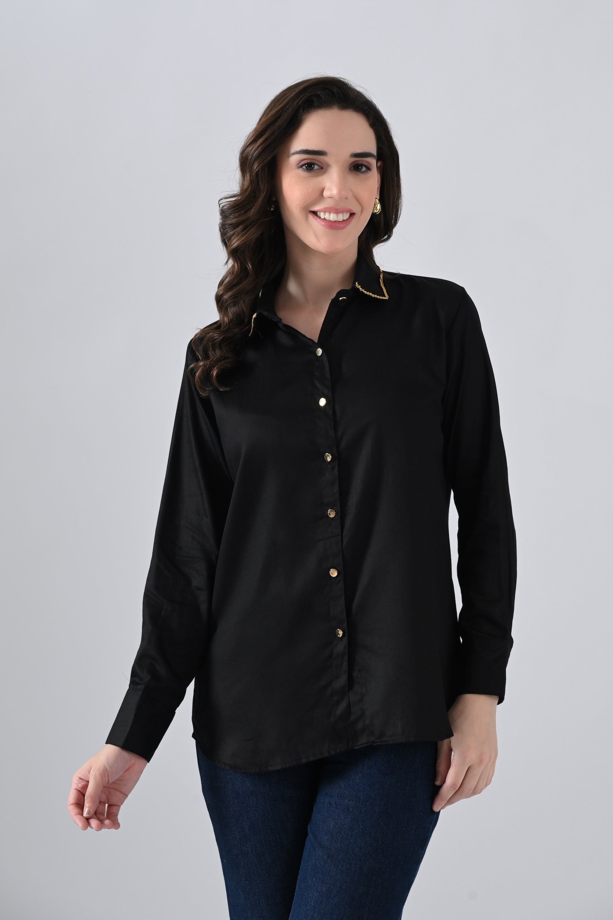 Black Cotton Shirt with Evil Eye Patch and Gold Chain on Collar