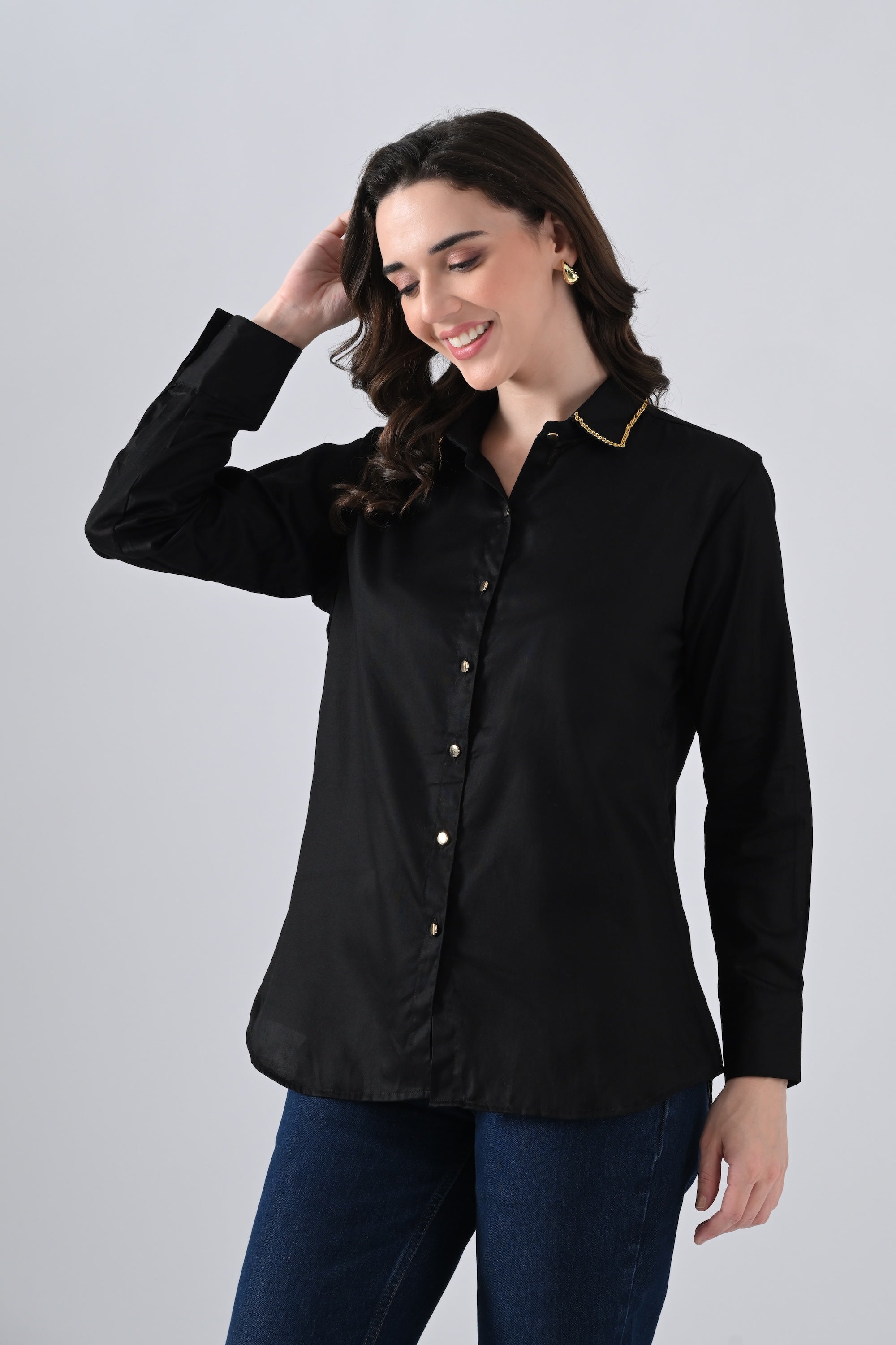 Black Cotton Shirt with Evil Eye Patch and Gold Chain on Collar