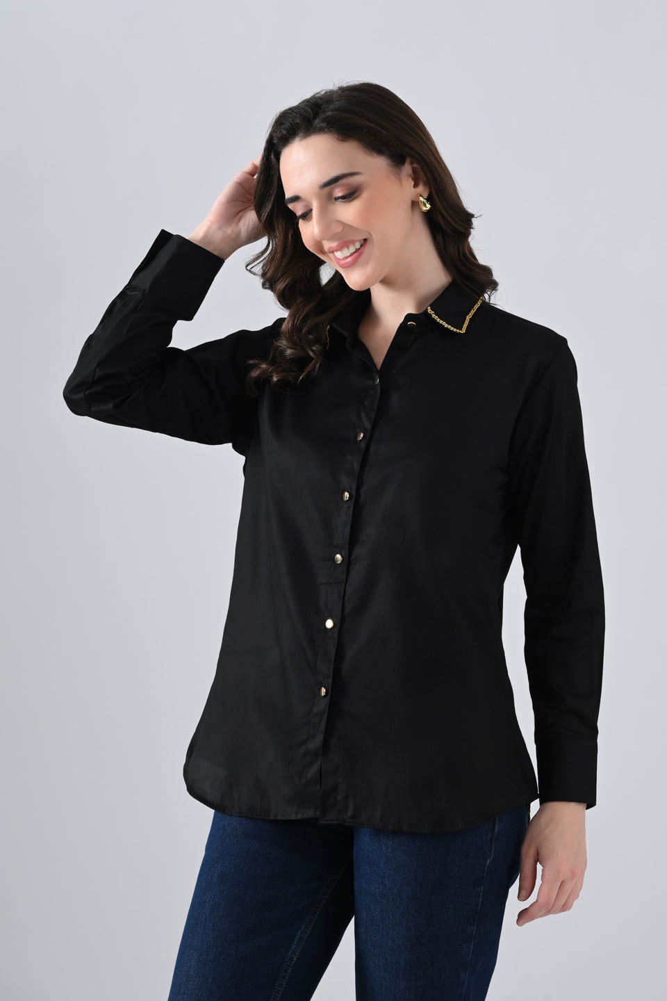Black Cotton Shirt with Evil Eye Patch and Gold Chain on Collar