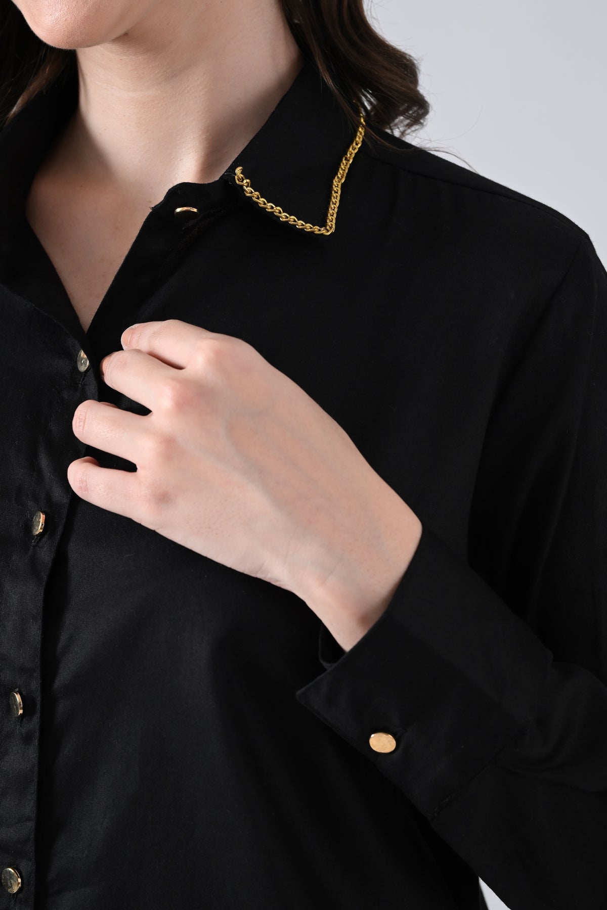 Black Cotton Shirt with Evil Eye Patch and Gold Chain on Collar