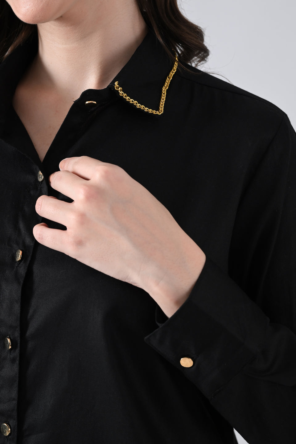 Black Cotton Shirt with Evil Eye Patch and Gold Chain on Collar