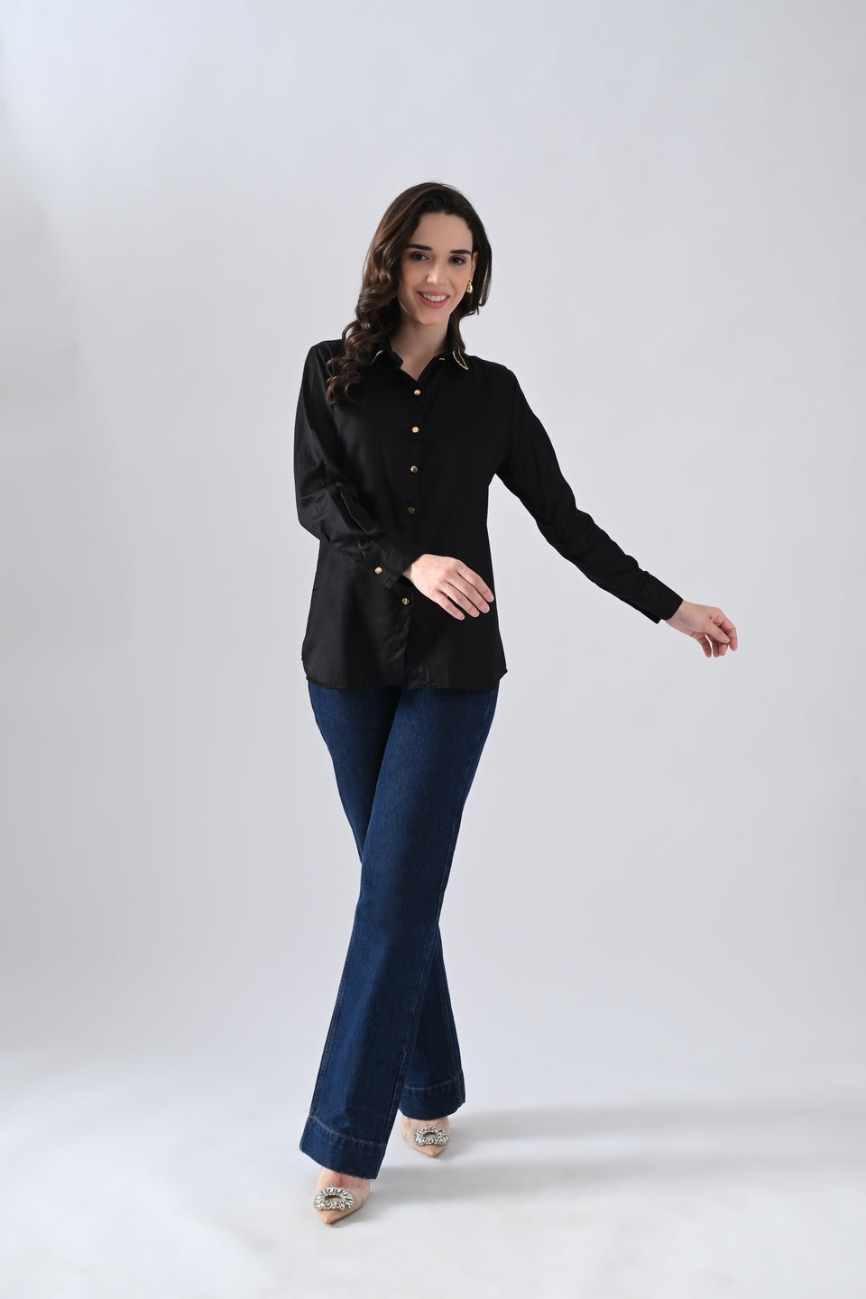 Black Cotton Shirt with Evil Eye Patch and Gold Chain on Collar