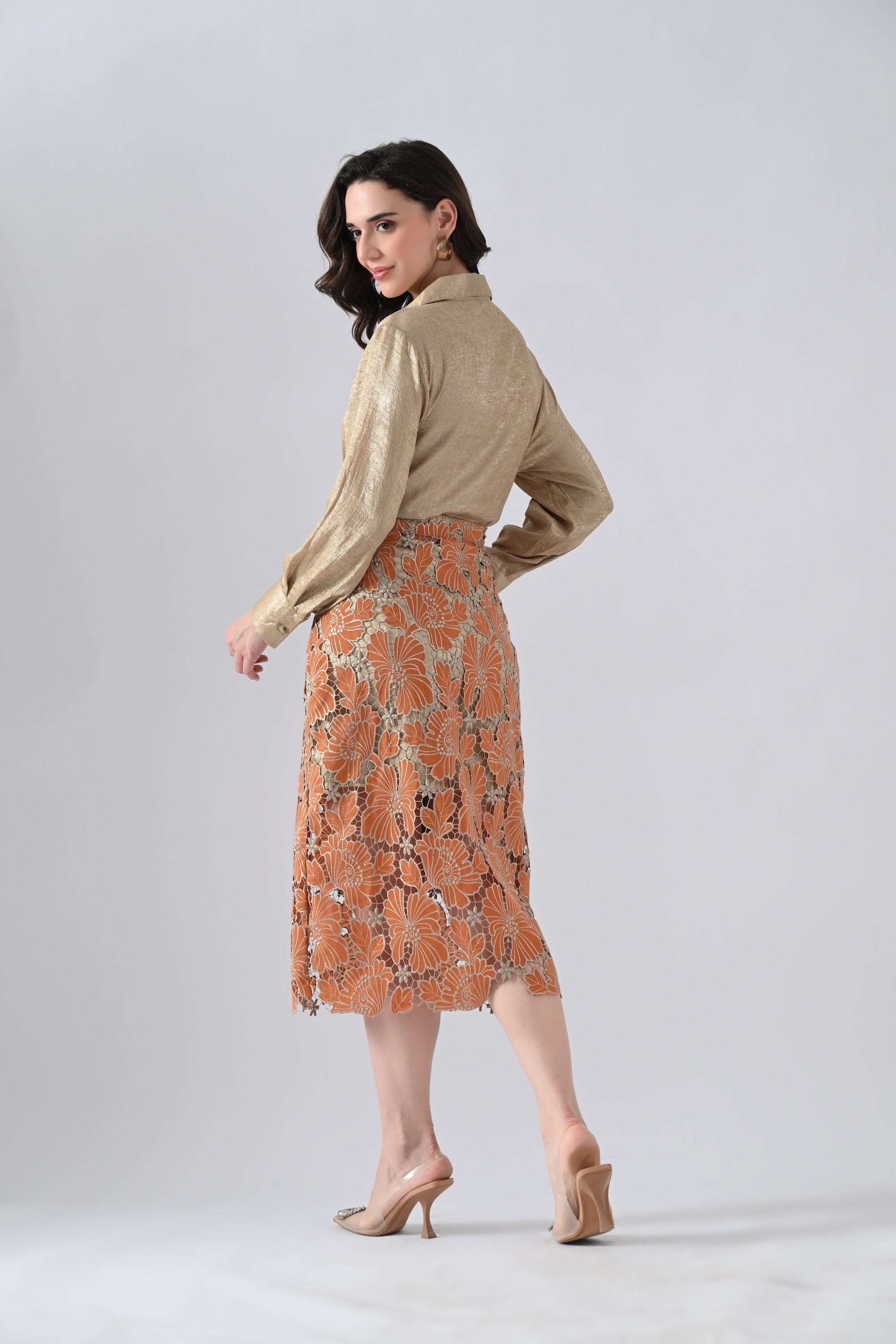Rust Floral Lace Detailed Straight Skirt with Golden Shirt