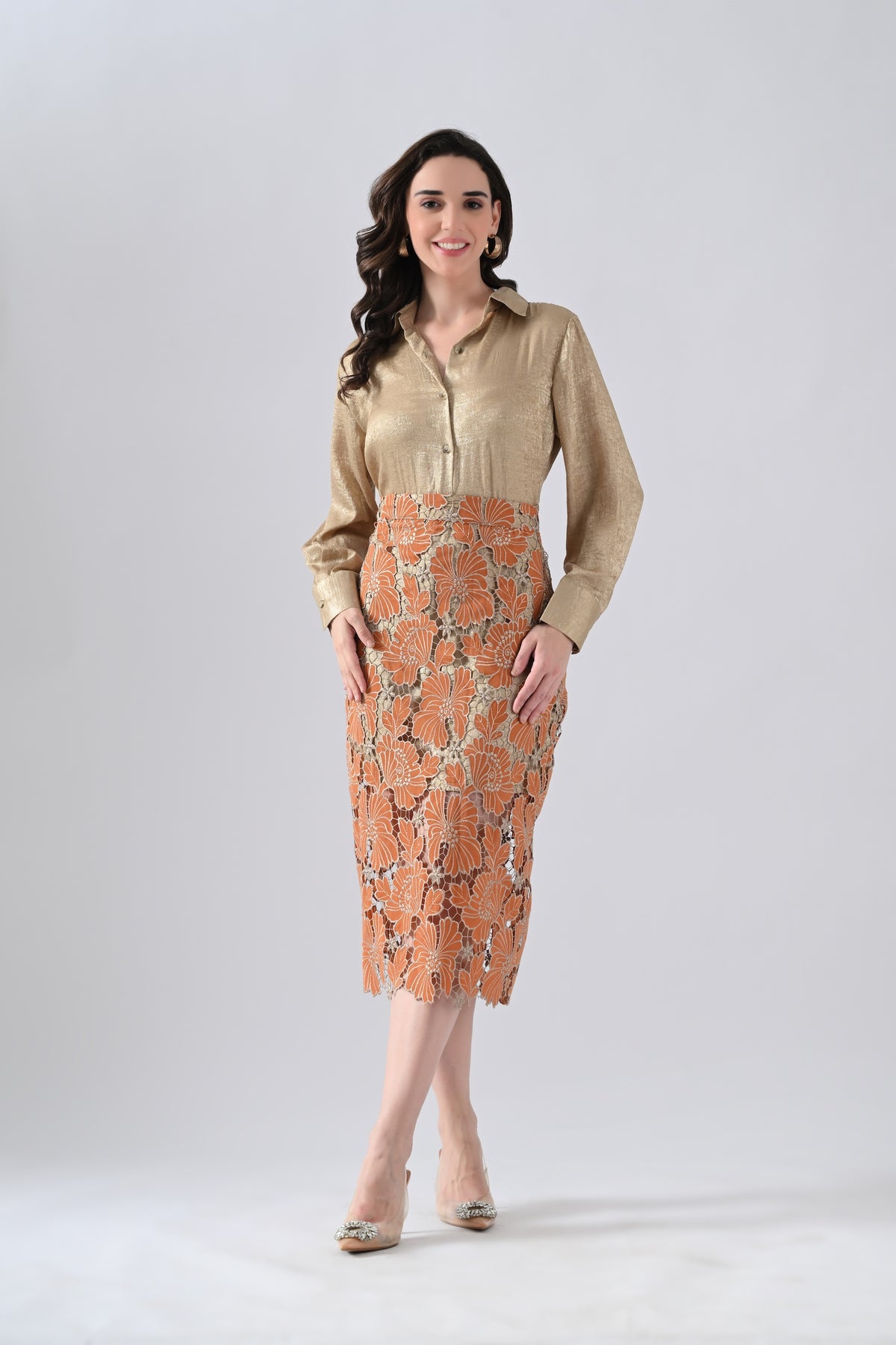 Rust Floral Lace Detailed Straight Skirt with Golden Shirt