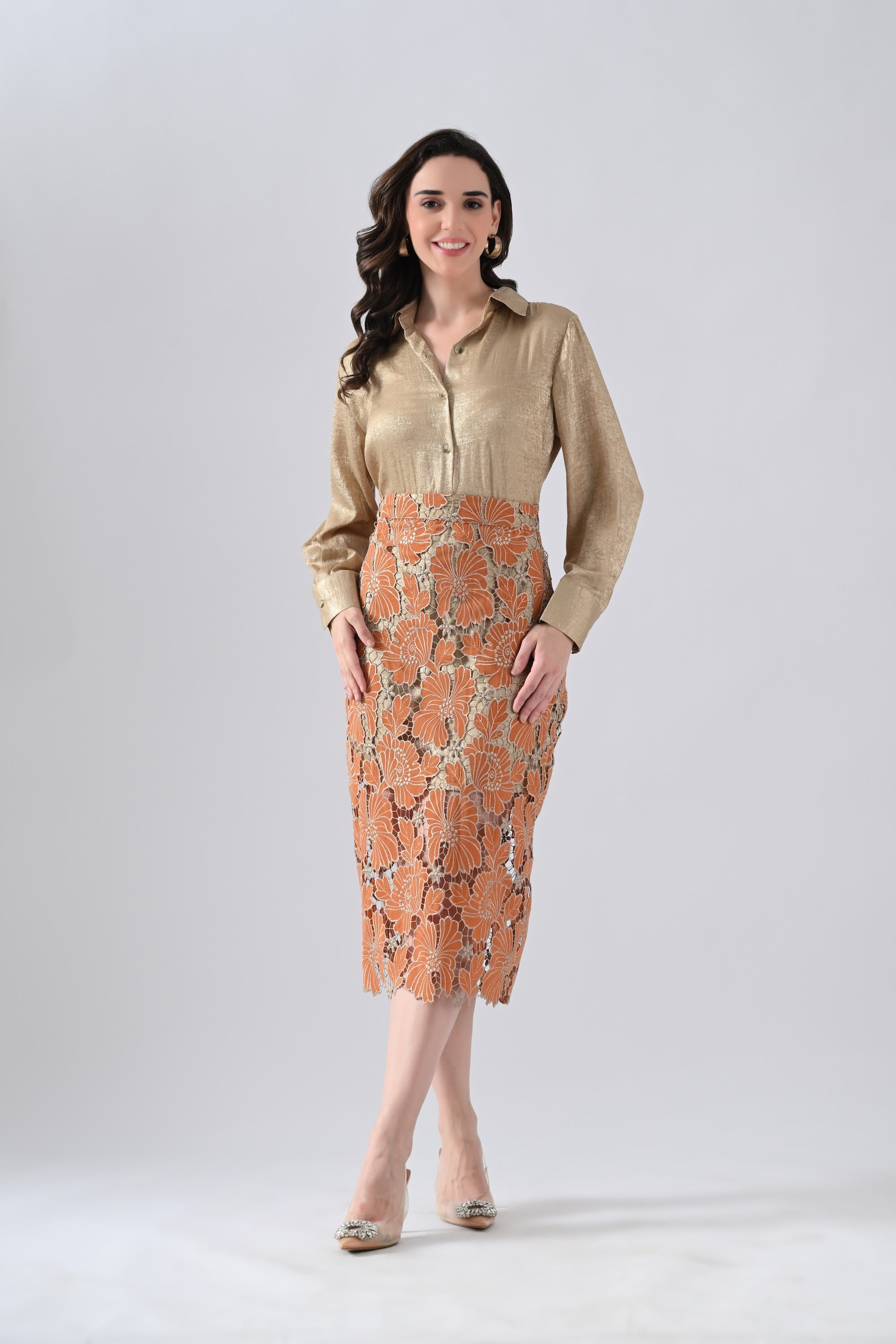 Rust Floral Lace Detailed Straight Skirt with Golden Shirt