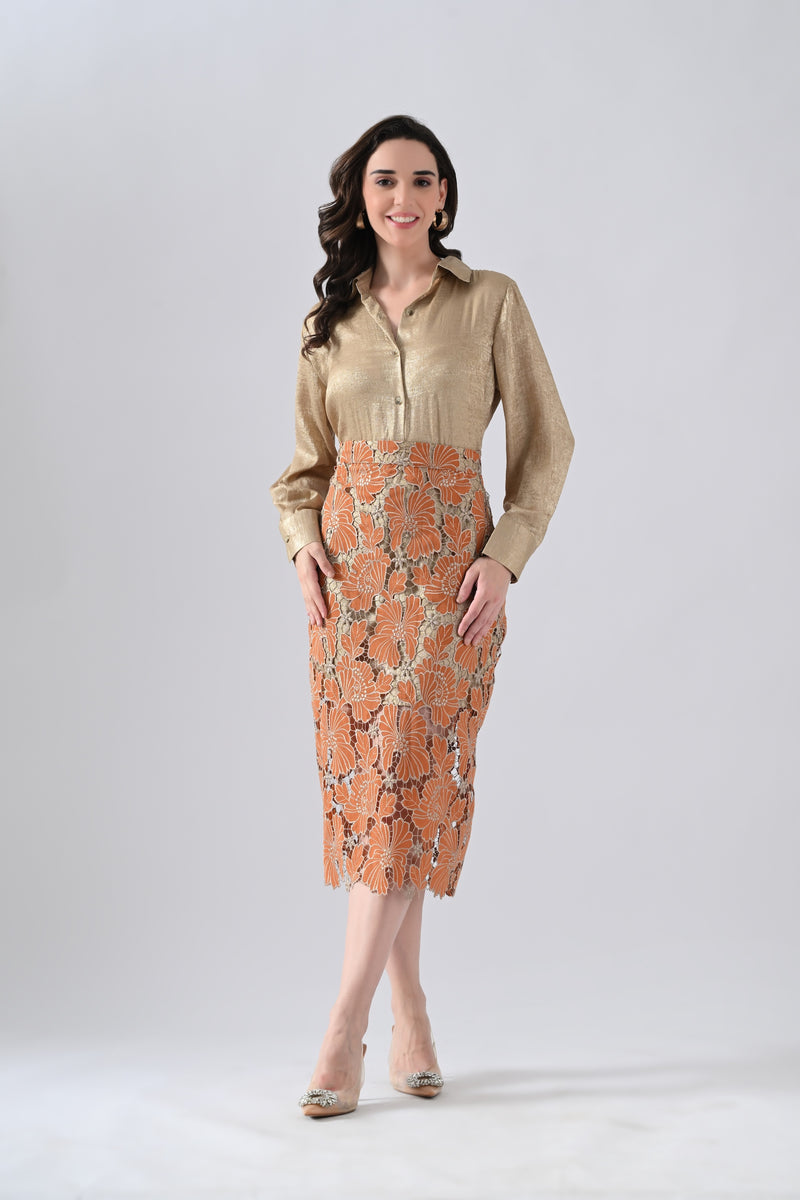 Rust Floral Lace Detailed Straight Skirt with Golden Shirt