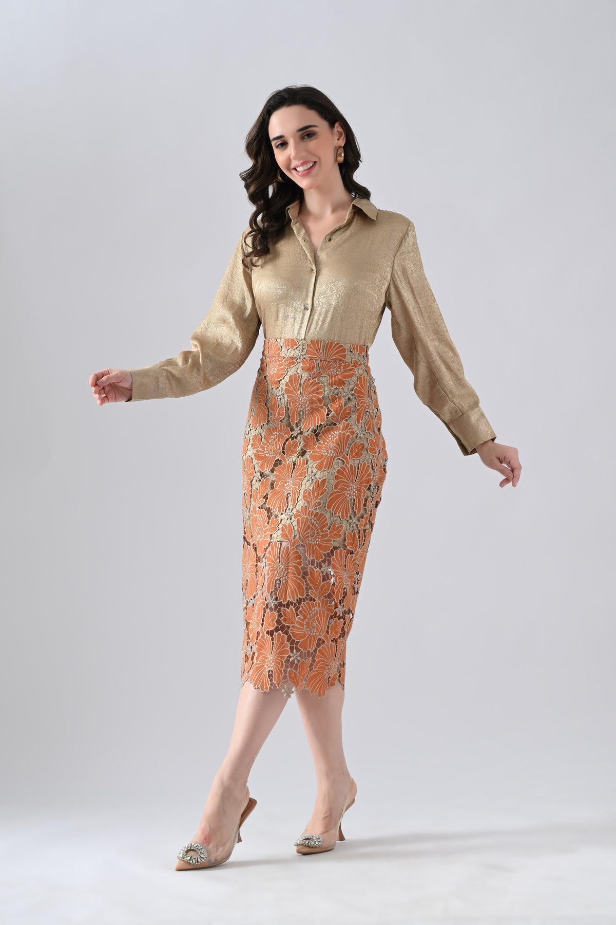 Rust Floral Lace Detailed Straight Skirt with Golden Shirt