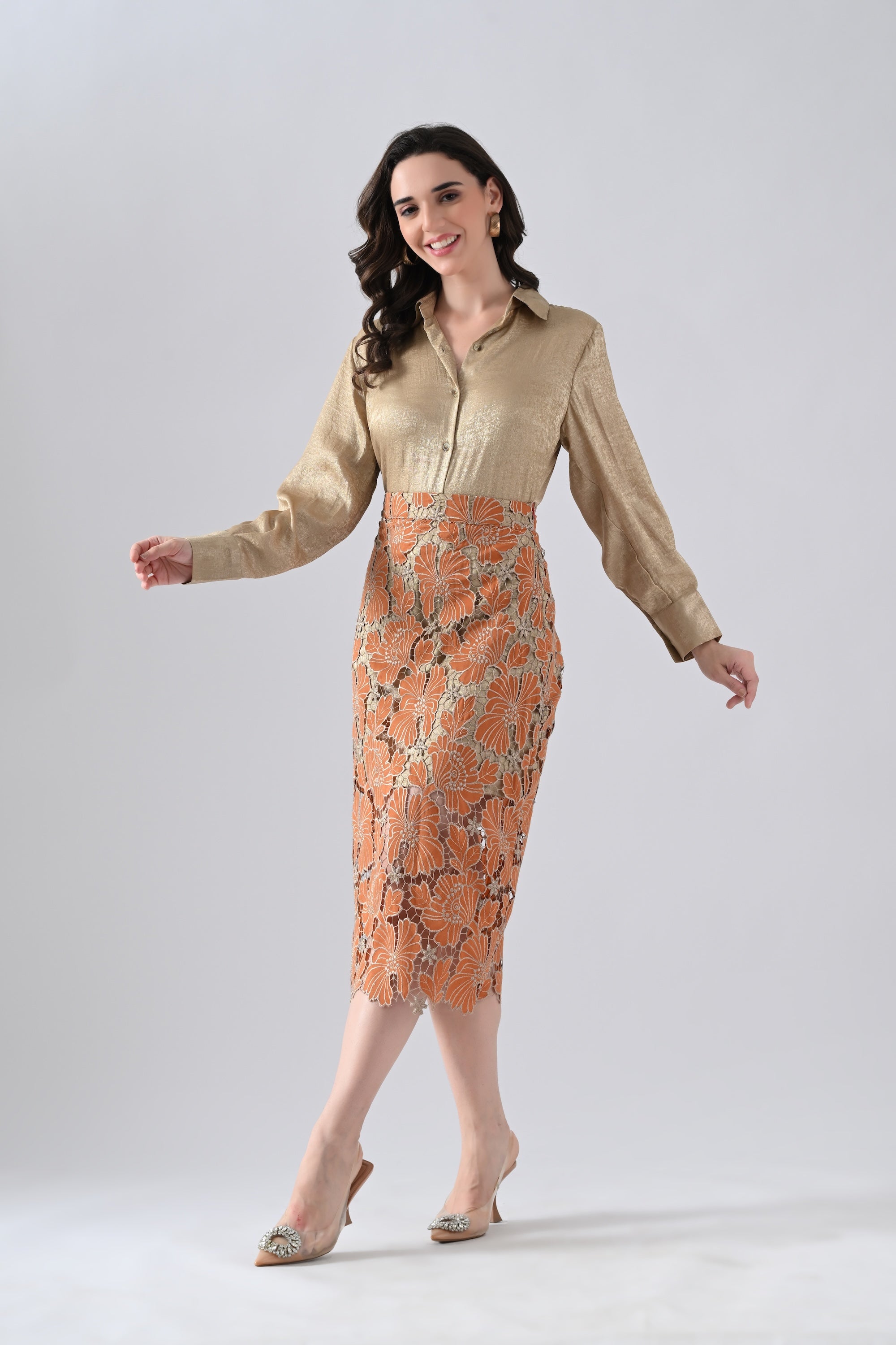 Rust Floral Lace Detailed Straight Skirt with Golden Shirt