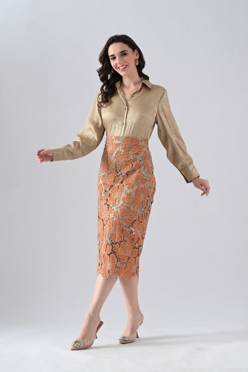 Rust Floral Lace Detailed Straight Skirt with Golden Shirt