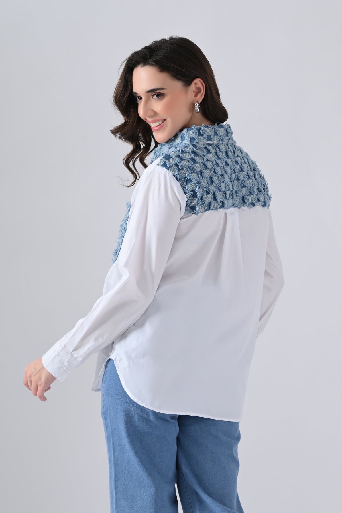White Cotton Shirt with Check Denim Collar and Pockets