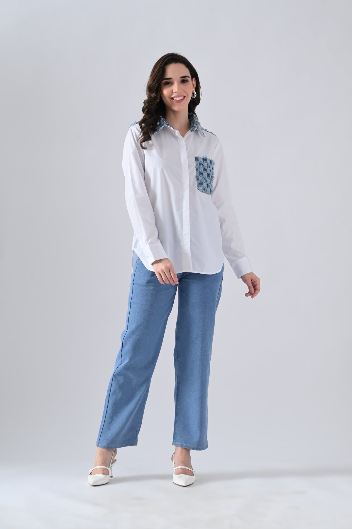 White Cotton Shirt with Check Denim Collar and Pockets