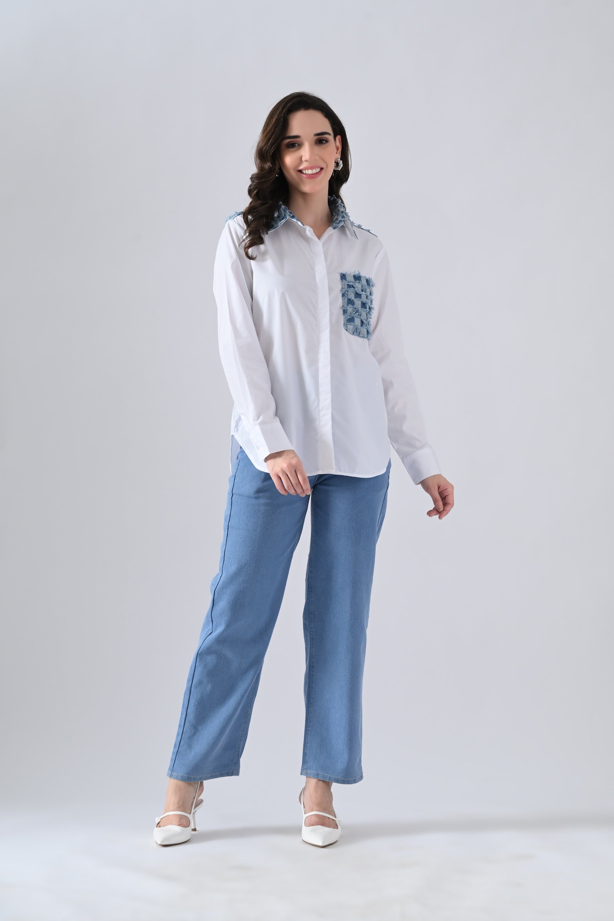 White Cotton Shirt with Check Denim Collar and Pockets