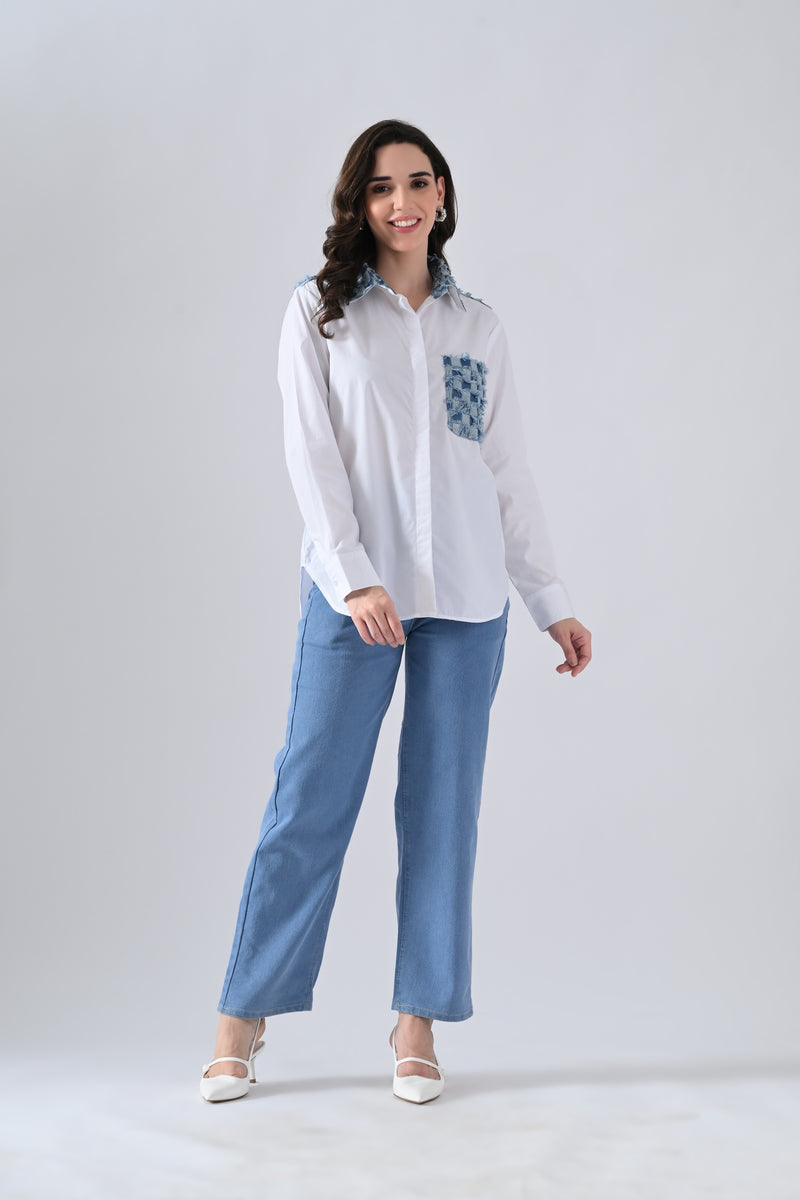 White Cotton Shirt with Check Denim Collar and Pockets