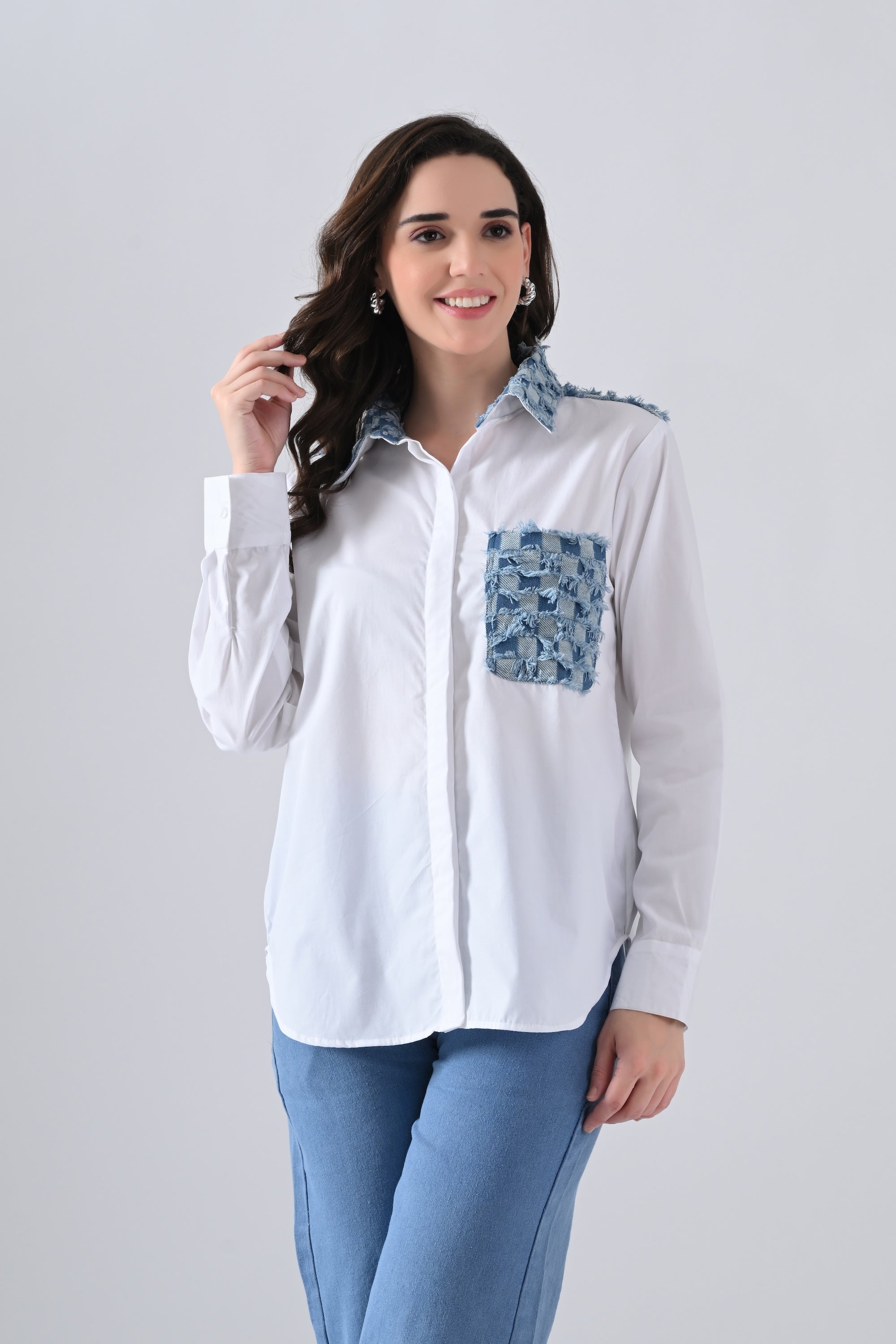 White Cotton Shirt with Check Denim Collar and Pockets