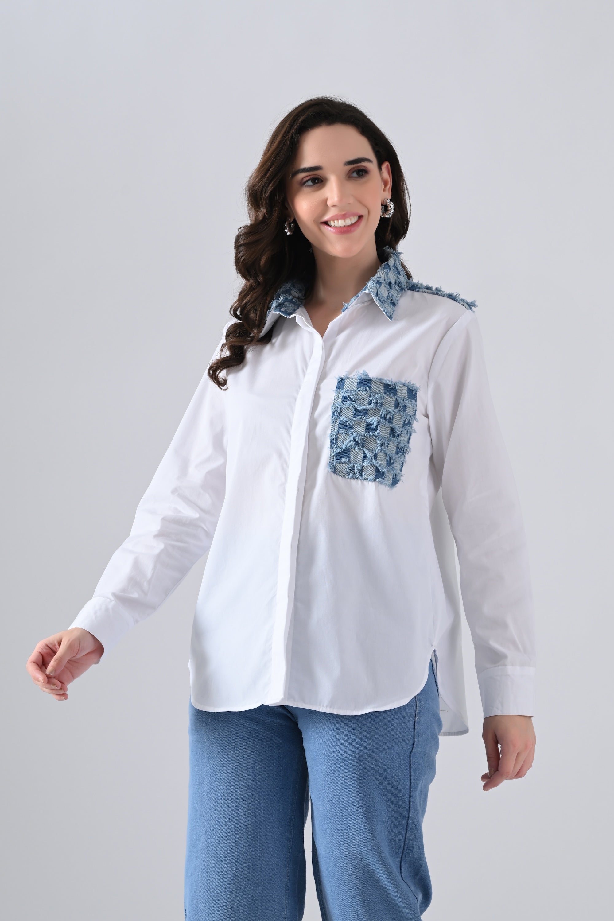 White Cotton Shirt with Check Denim Collar and Pockets