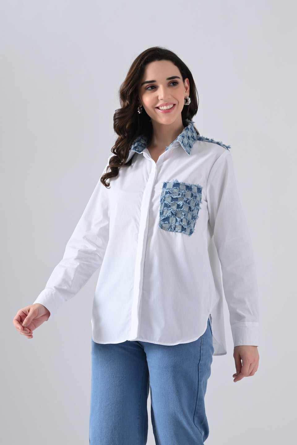 White Cotton Shirt with Check Denim Collar and Pockets