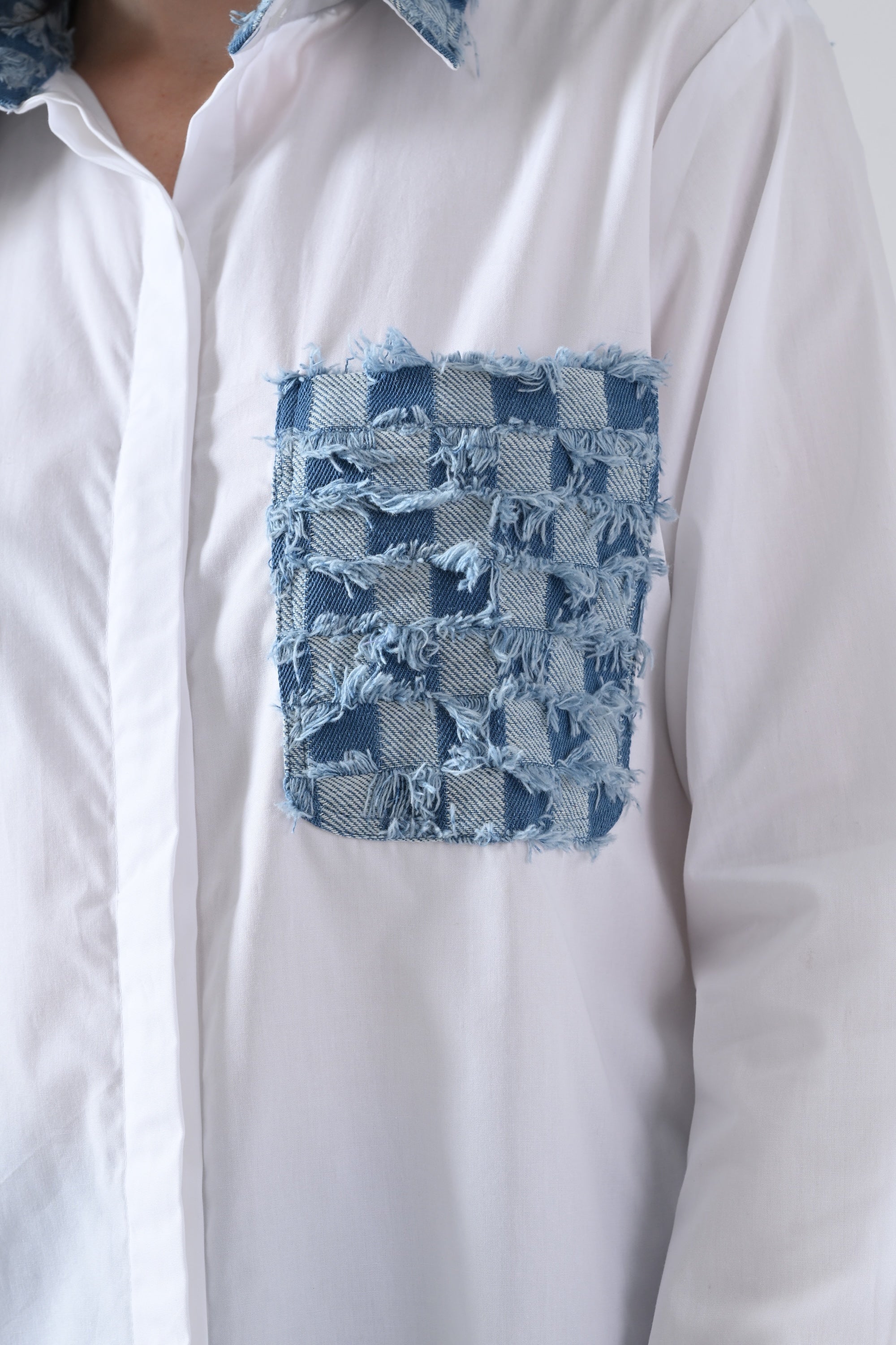 White Cotton Shirt with Check Denim Collar and Pockets