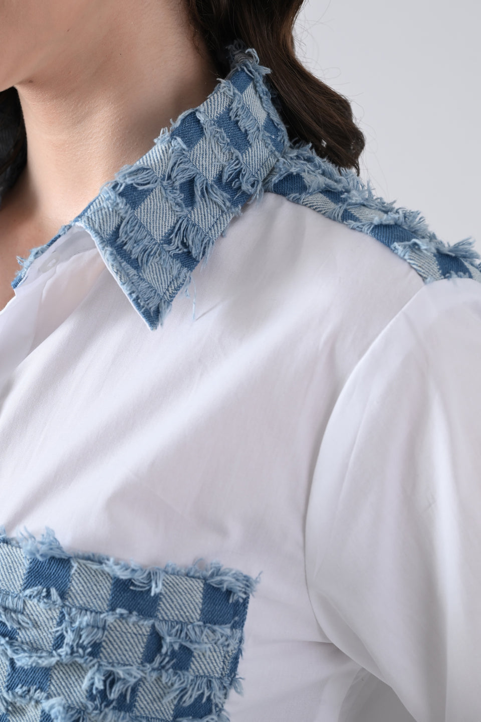 White Cotton Shirt with Check Denim Collar and Pockets