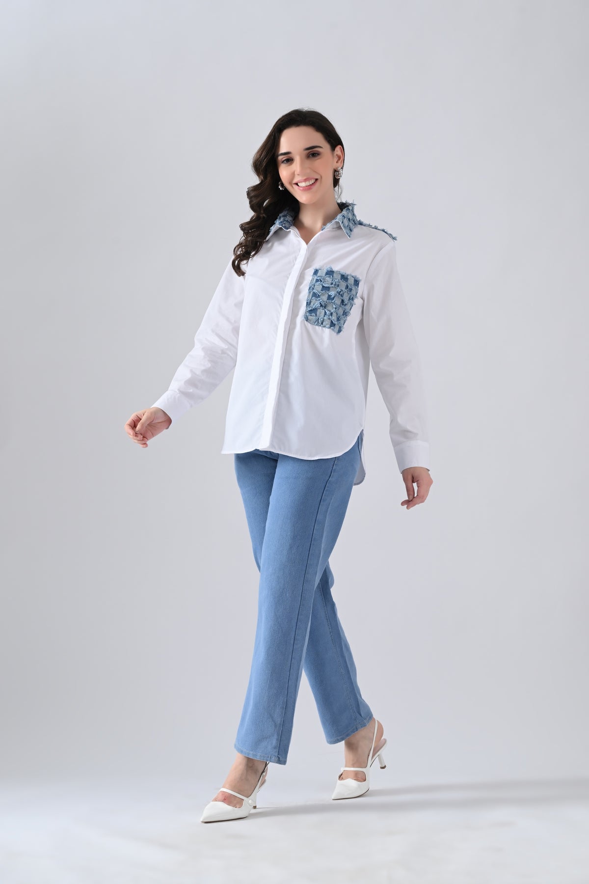White Cotton Shirt with Check Denim Collar and Pockets