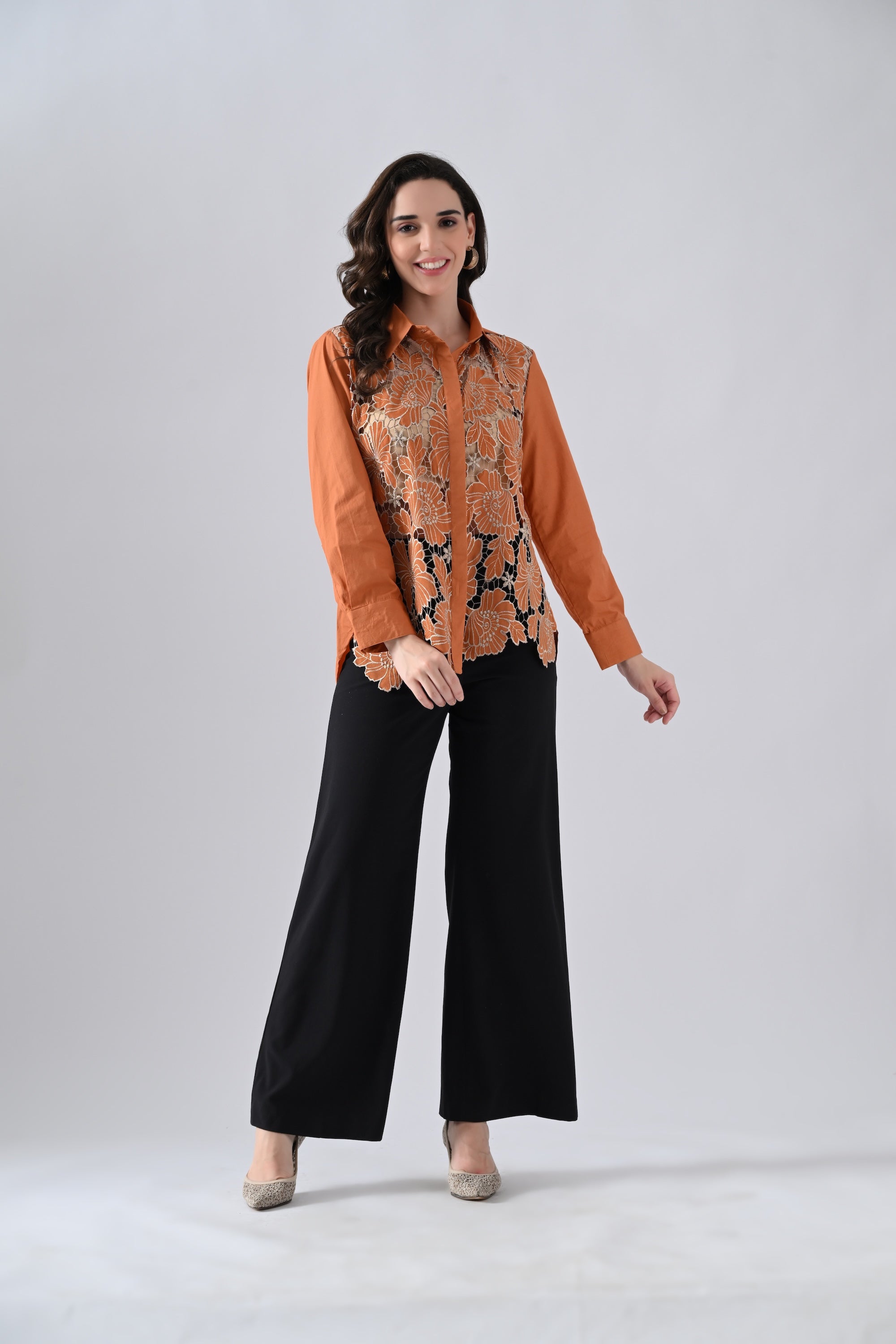 Rust Floral Lace Detailed Shirt