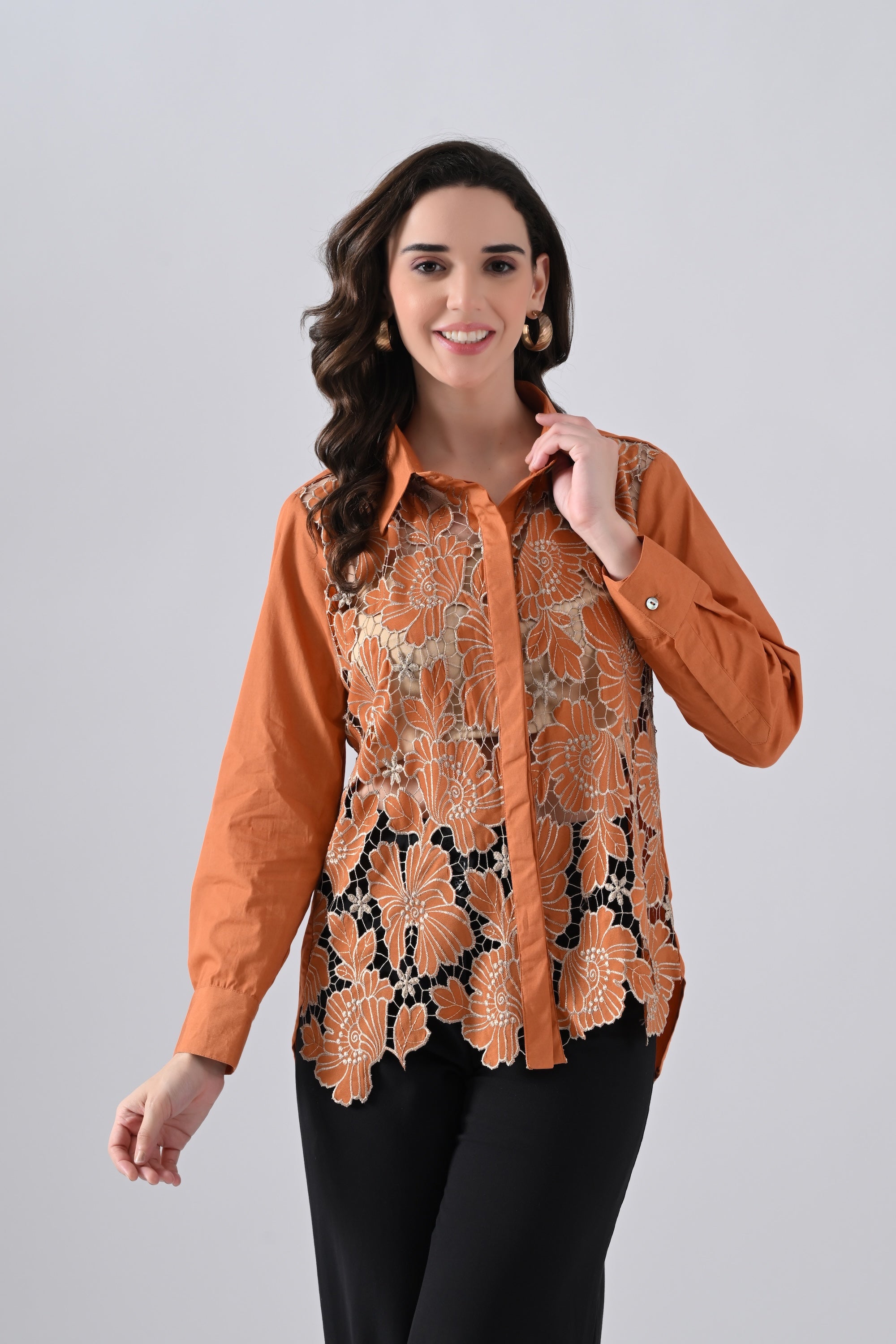 Rust Floral Lace Detailed Shirt