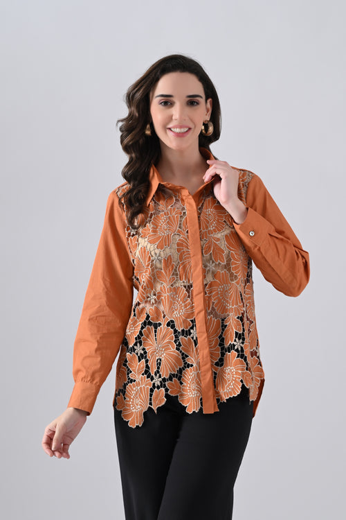 Rust Floral Lace Detailed Shirt