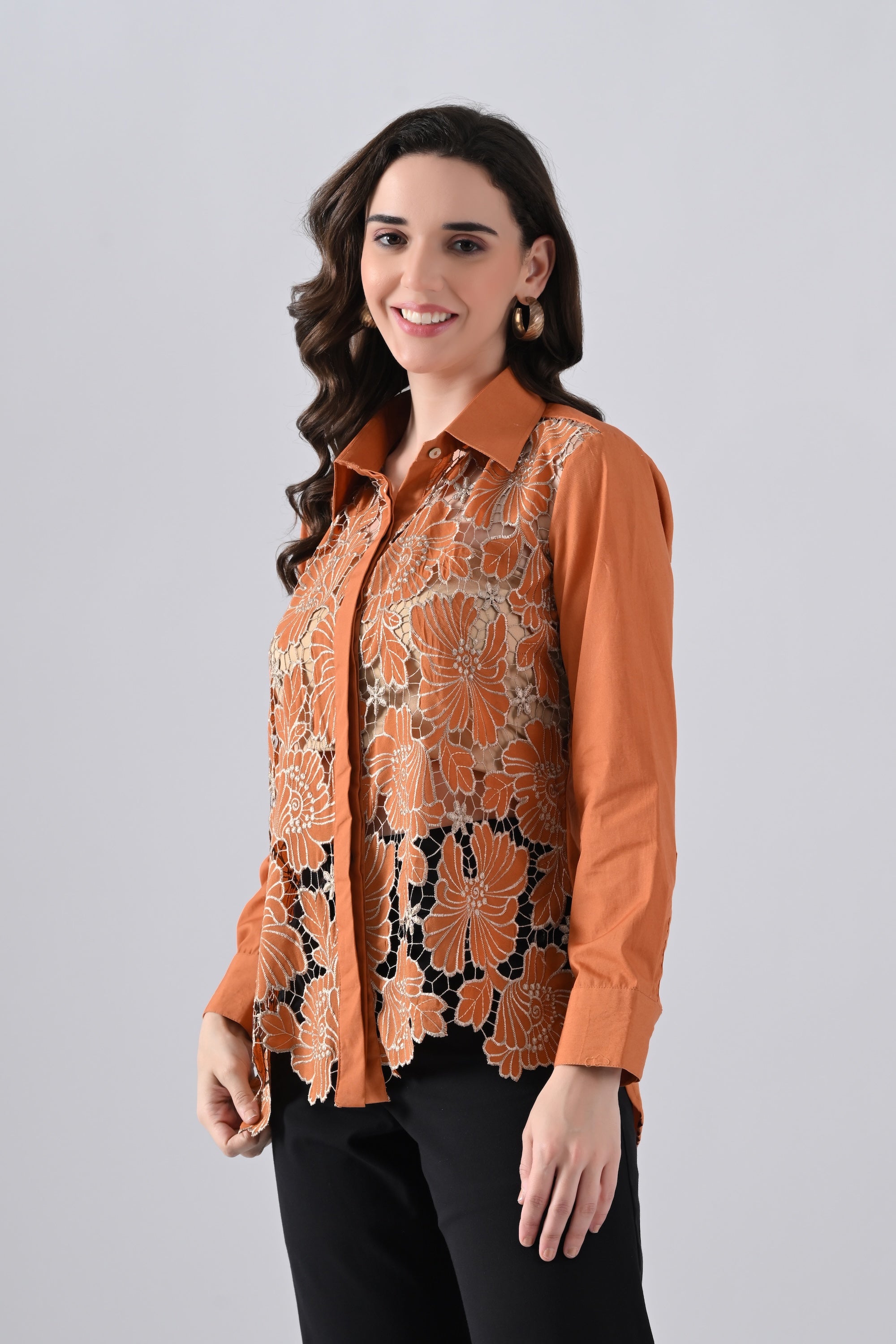 Rust Floral Lace Detailed Shirt